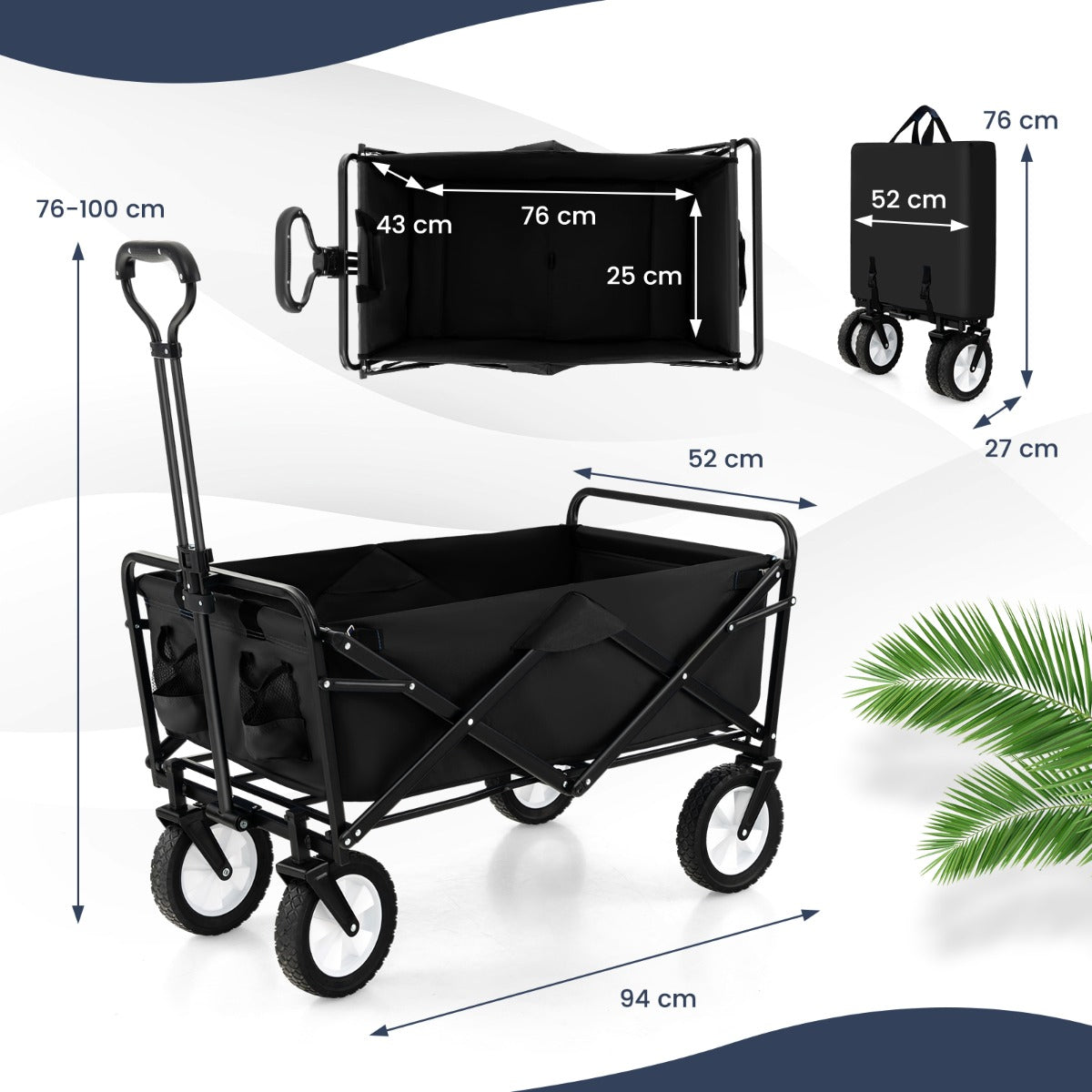 eavy Duty Camping Garden Cart with Adjustable Handle and Drink Holders-Black