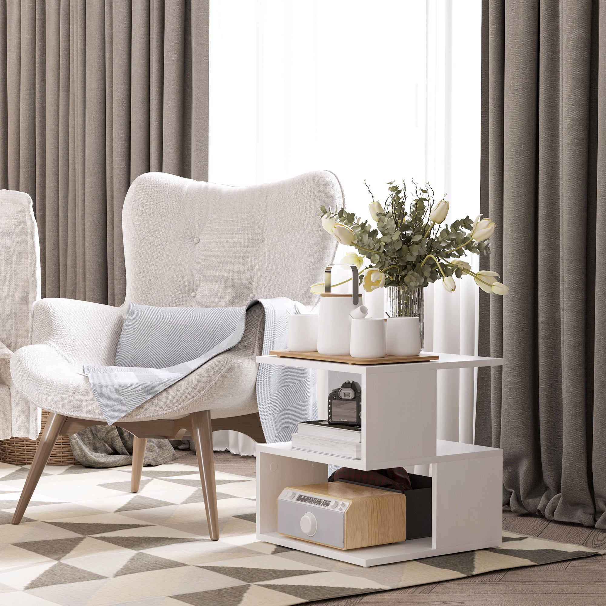 HOMCOM Set of 2 Side Table, Square Coffee Table, Modern End Table with 2 Tier Storage Shelves for Living Room, Bedroom, White