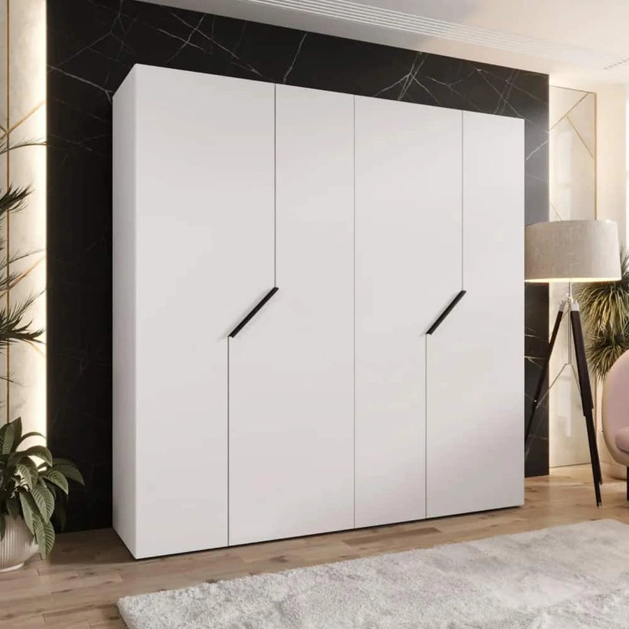 Blomvik I Hinged Door Wardrobe 200cm in white standing in a modern bedroom with black marble wall