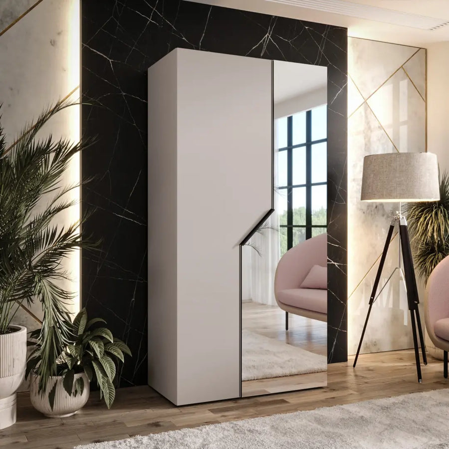Blomvik II Hinged Door Wardrobe 100cm in a modern living room with a mirror panel