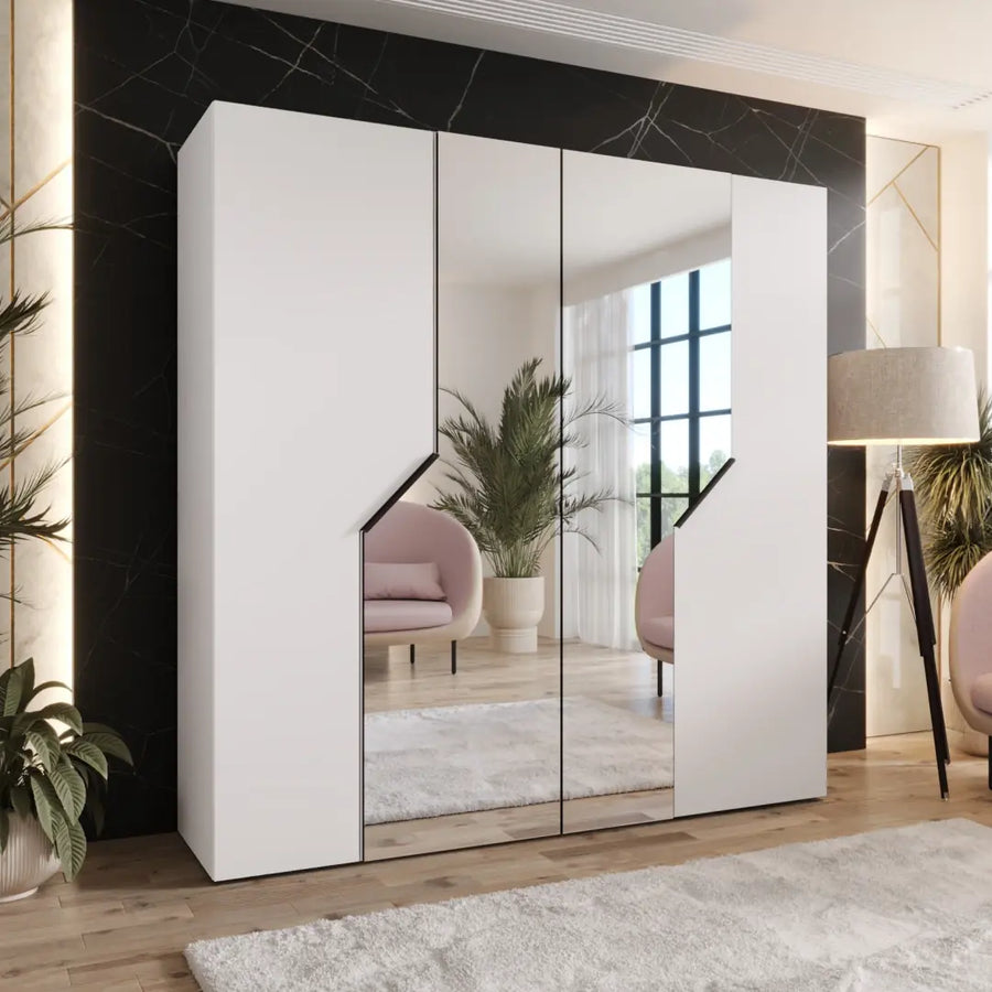 Blomvik II Hinged Door Wardrobe 200cm in white with central mirrored panels in a modern bedroom