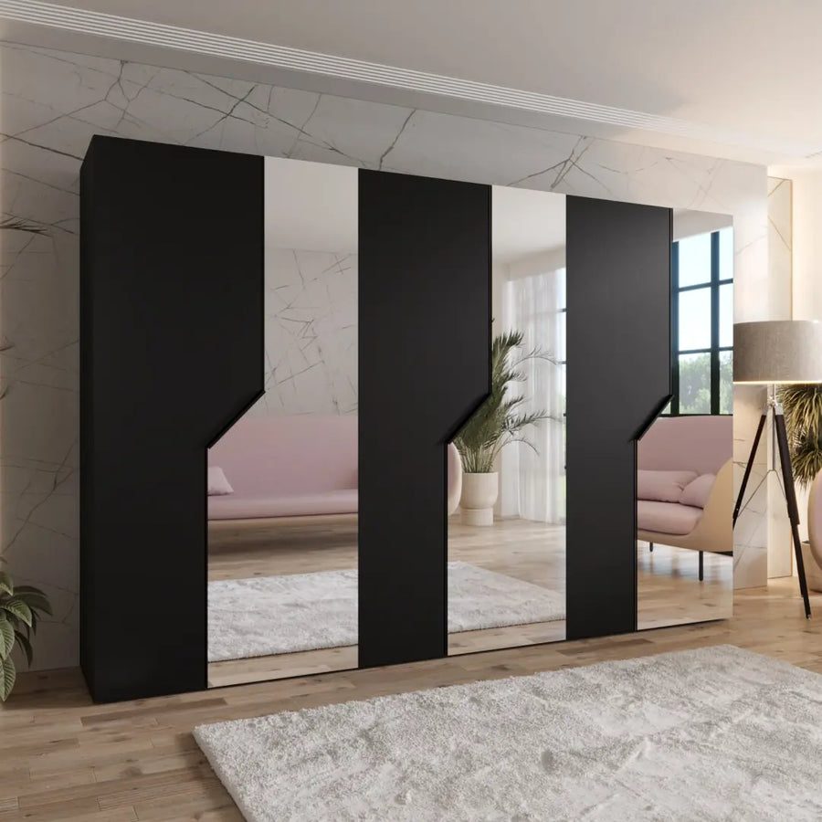 Blomvik II Hinged Door Wardrobe 300cm in black with mirrored door panels in a bedroom setting