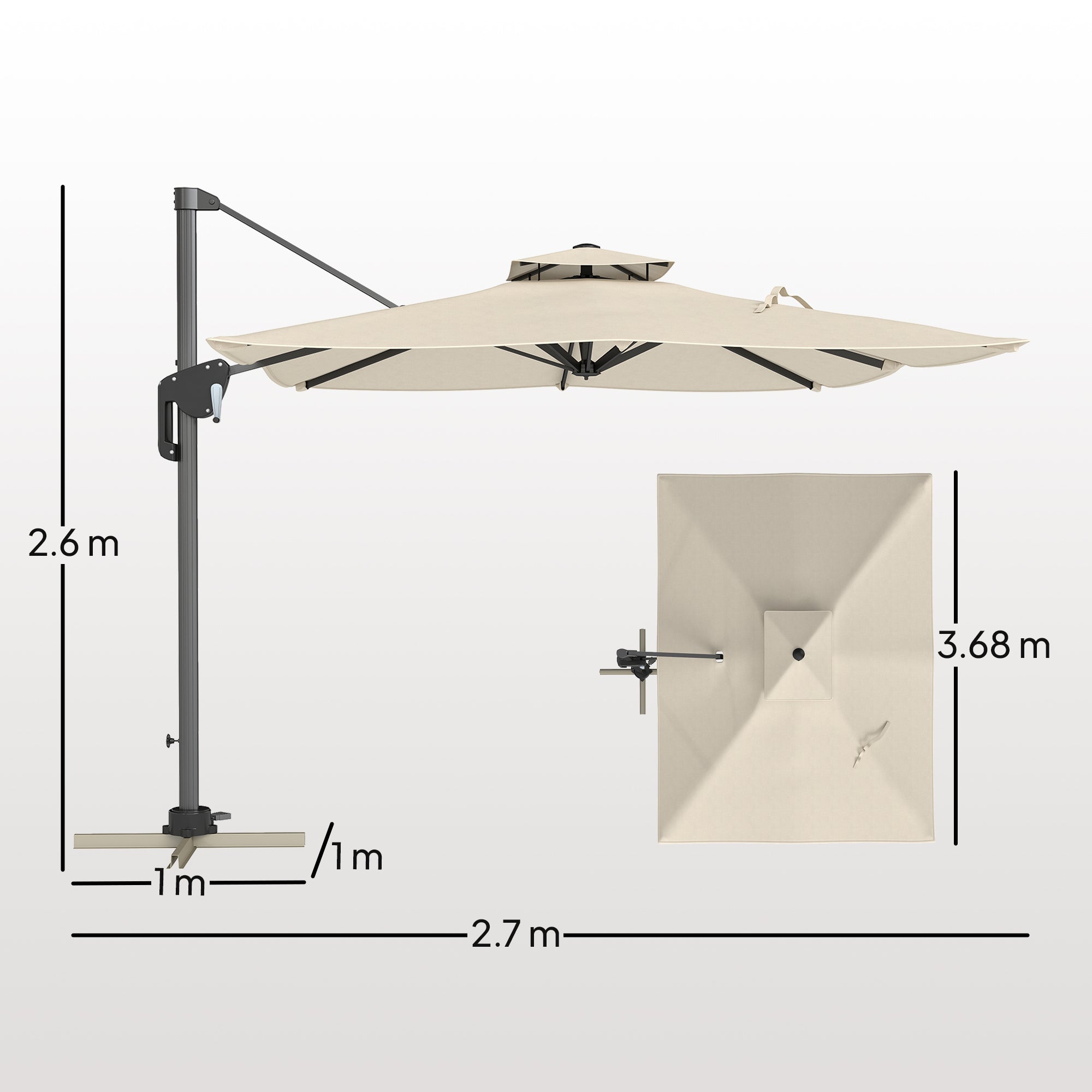 Outsunny 3.7 x 2.7 m Cantilever Parasol w/ 360√Ç¬∞ Rotation and Easy Tilt Adjustment, Aluminium Hanging Offset Outdoor Umbrella w/ Double Top, Cross Base, UPF50+ Hanging Sun Shade, Black Pole