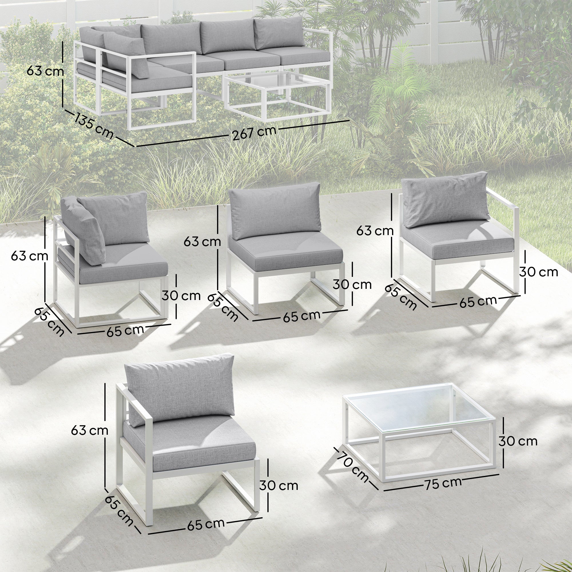 Outsunny 6 Seater Aluminium Garden Furniture Set, Garden Sofa Set with Thick Cushions for Patio and Balcony, Outdoor, Light Grey
