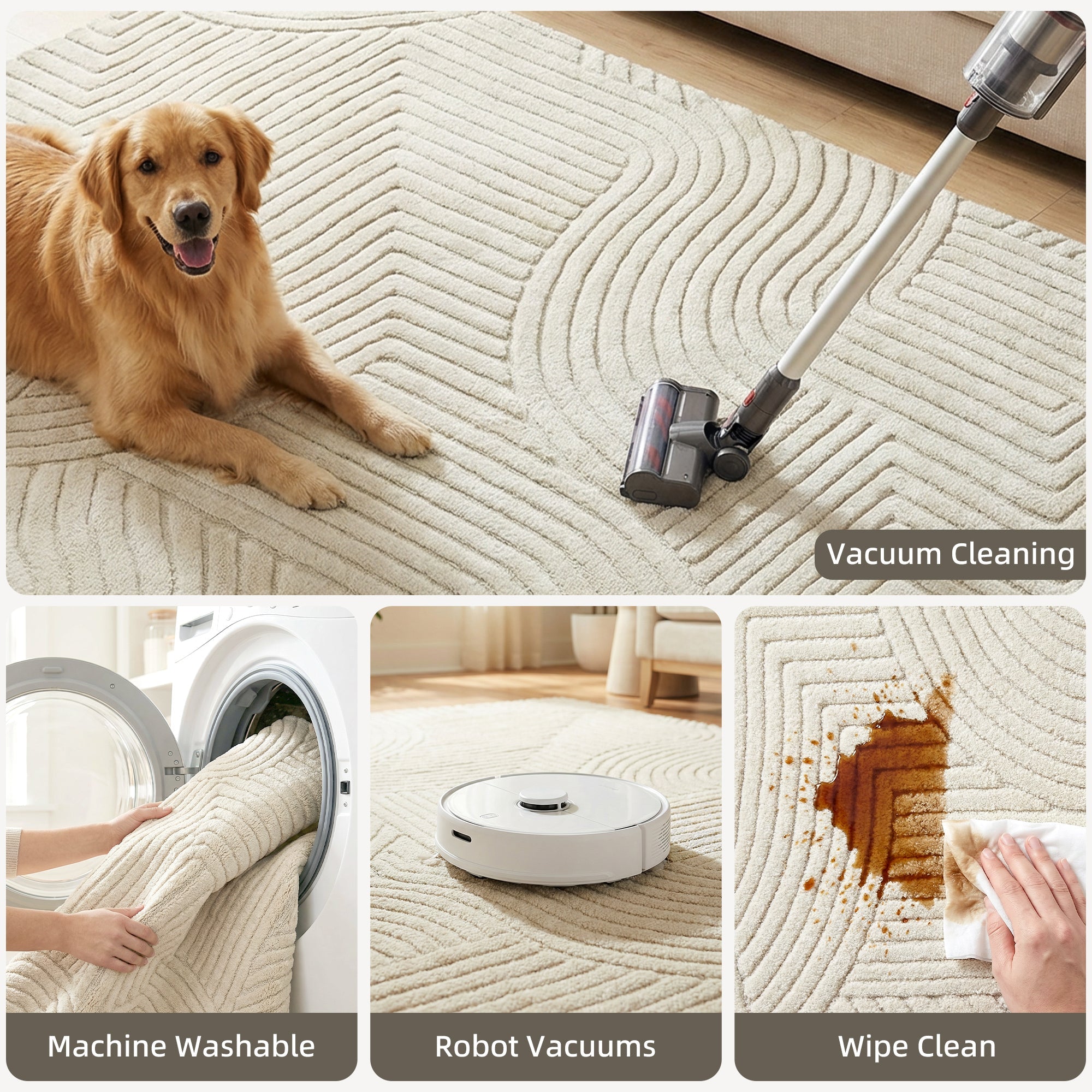 HOMCOM Modern Geometric Rug, Thick & Plush, Non-Slip, 200 x 140 cm â Cream, Living Room/Bedroom/Office