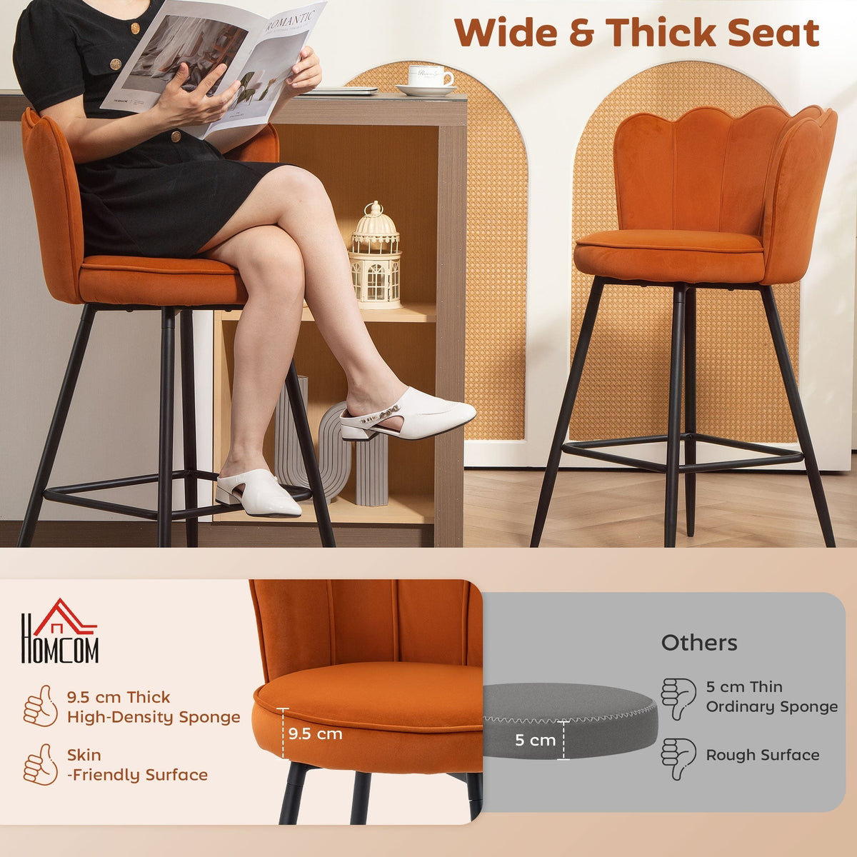 HOMCOM Set of Two Velvet-Feel Lotus Bar Stools - Orange