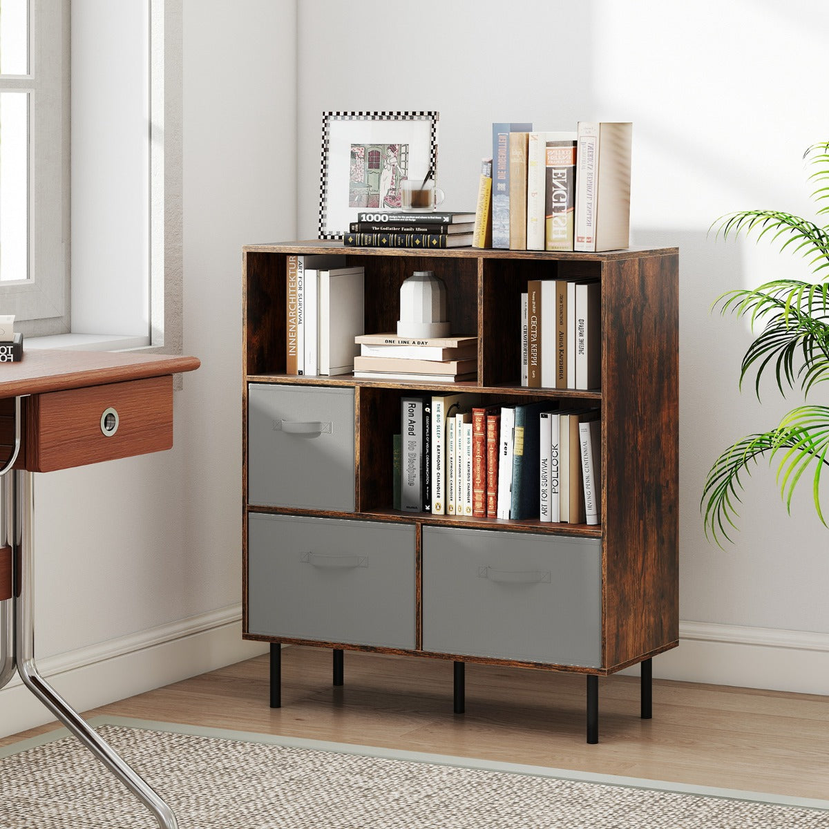 3-Tier Bookcase with 3 Removable Folding Fabric Drawers-Rustic Brown
