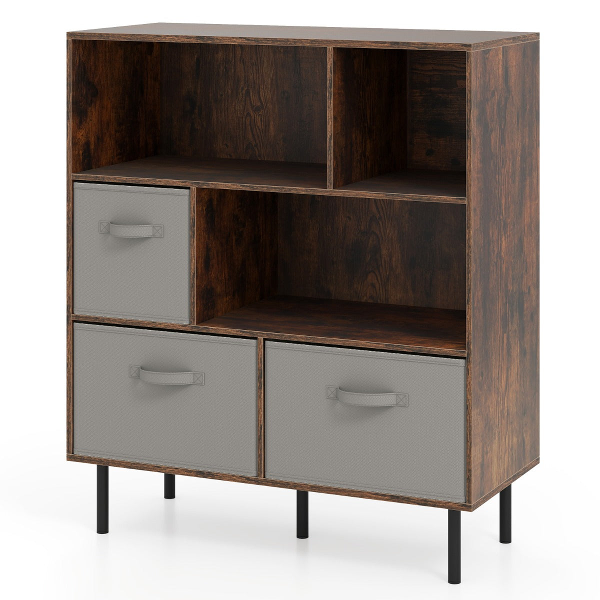 3-Tier Bookcase with 3 Removable Folding Fabric Drawers-Rustic Brown