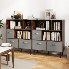 3-Tier Bookcase with 3 Removable Folding Fabric Drawers-Rustic Brown