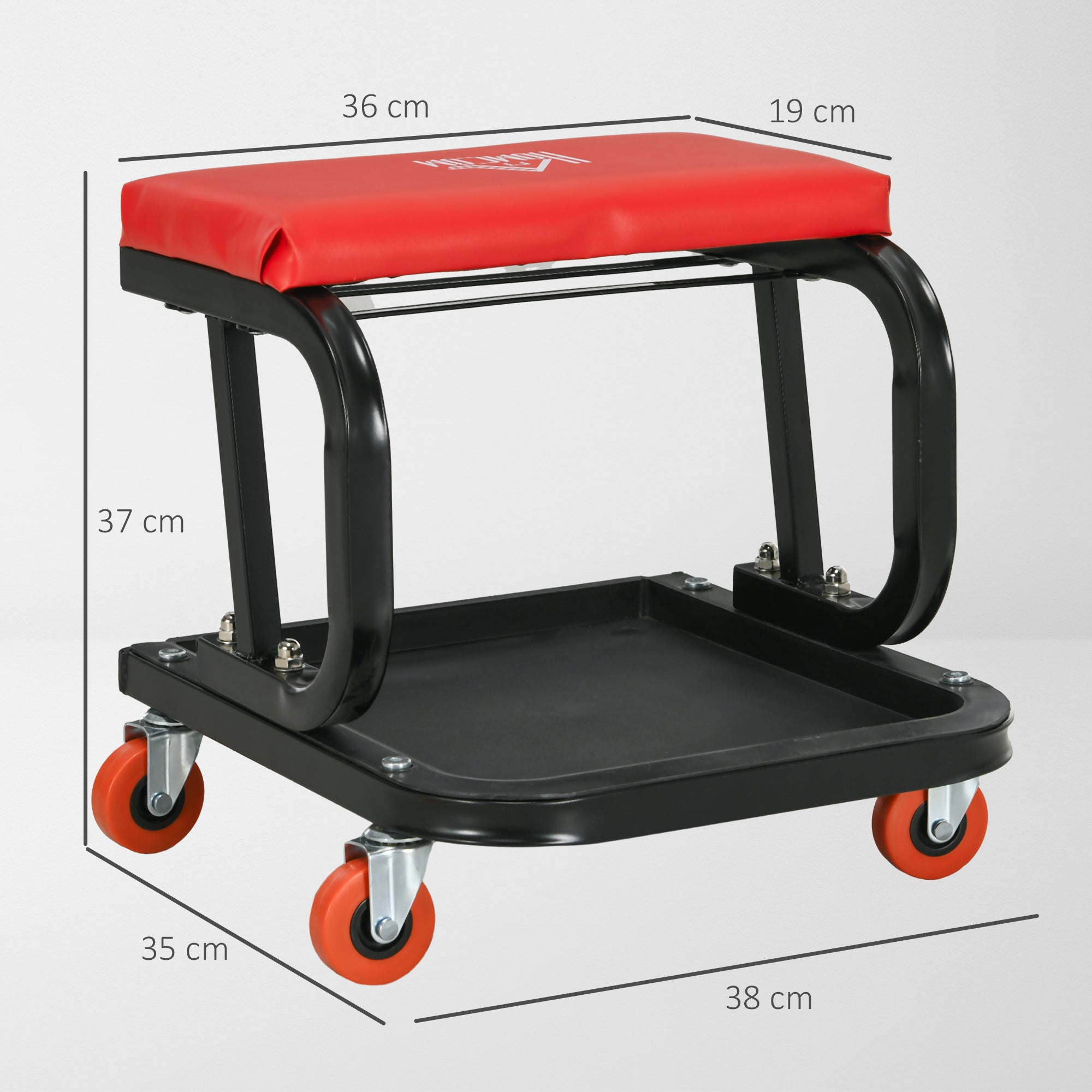 HOMCOM Workshop Stool, Rolling Machine Stool with 360√Ç¬∞ Swivel, Padded Seat, Tool Tray, Red