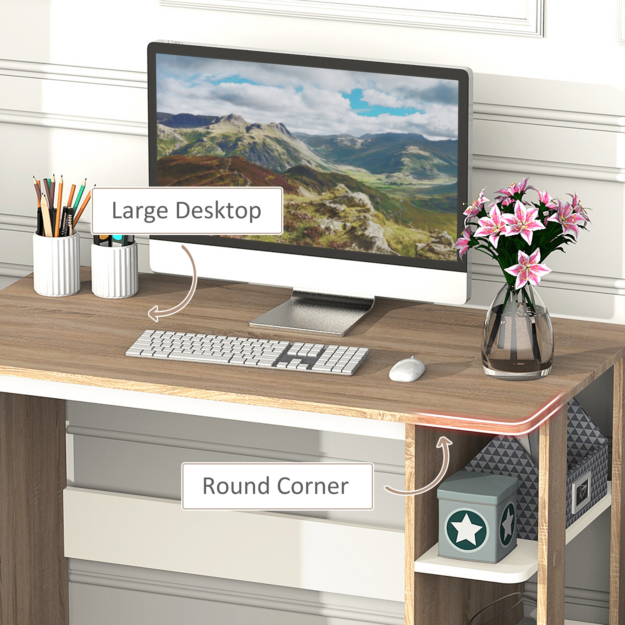 HOMCOM Computer Desk, Writing Desk with 3-Tier Storage Shelf, Work Table for Home Office, Study, Living Room, Oak and White