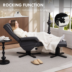 HOMCOM Rocker Swivel Recliner Chair with Footstool - Charcoal Grey Linen
