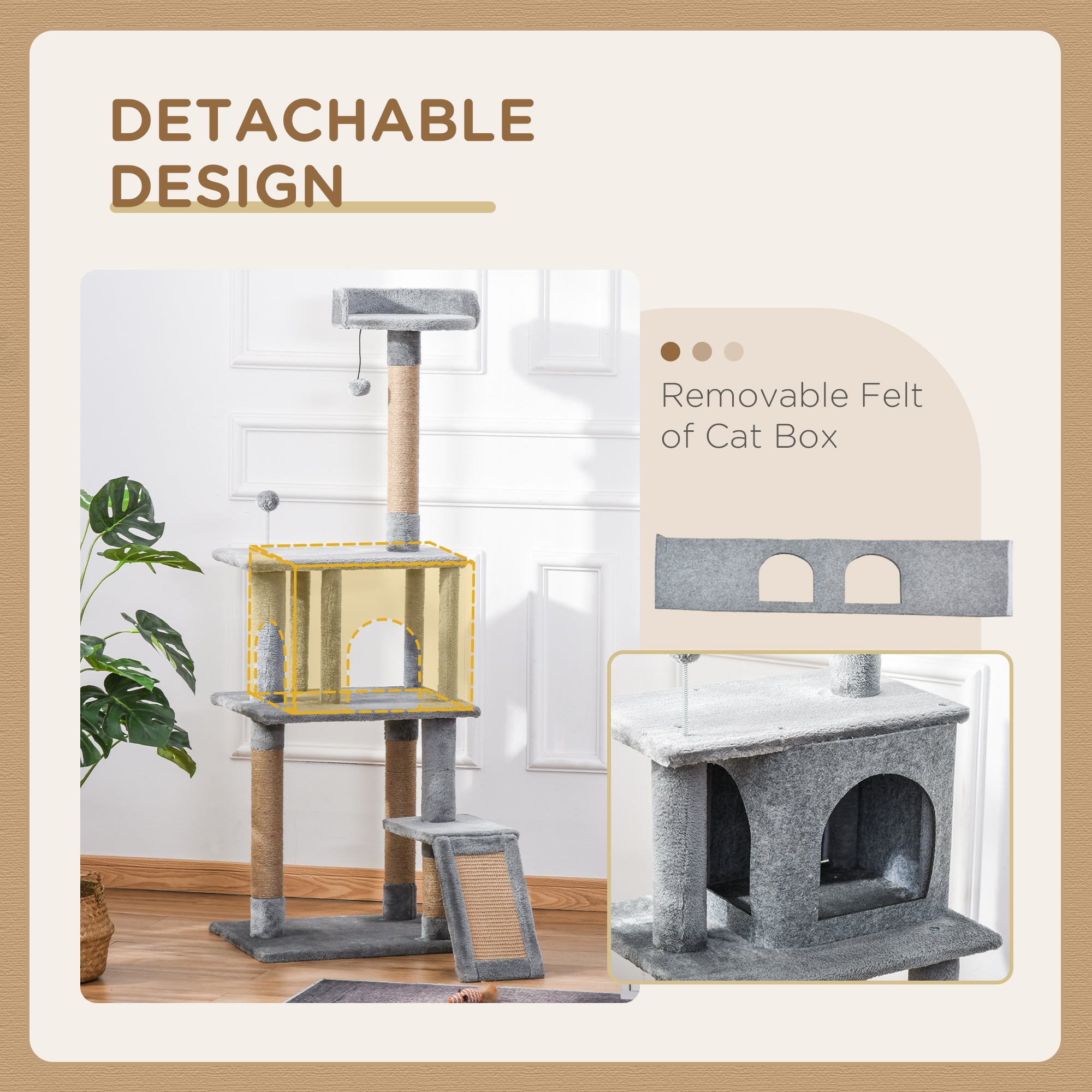 PawHut Cat Tree Tower for Indoor Cats 142cm Climbing Kitten Activity Center with Jute Scratching Post Board Perch Roomy Condo Removable Felt Hanging Toy, Grey