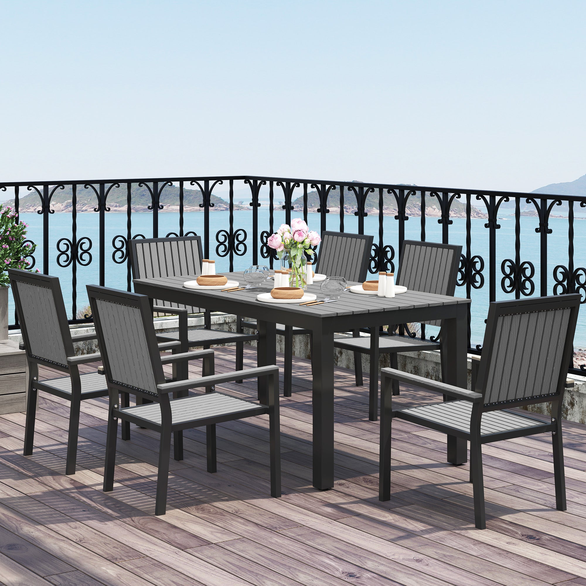 Outsunny 6 Seater Garden Dining Set with Stackable Chairs, Aluminium Frame, Rectangular Plastic Top, Garden Furniture Set, Outdoor Dining Table and Chairs for Patio, Balcony, Poolside, Grey