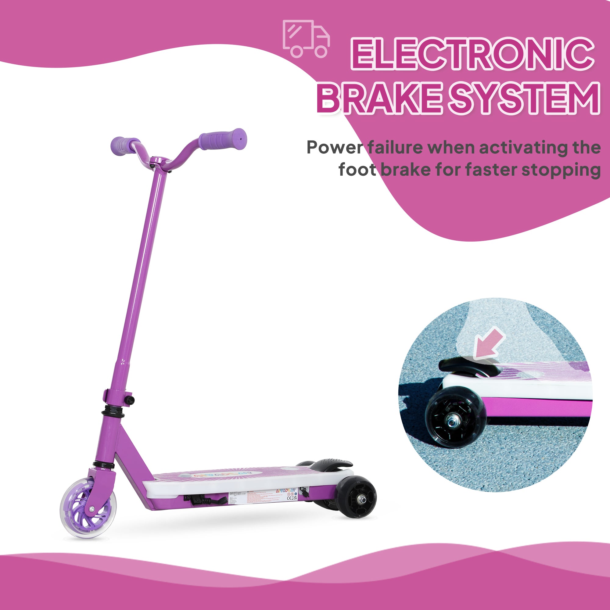 AIYAPLAY Electric Scooter for Kids Aged 4-7 Years, with Flashing LED Lights, Rear Auxiliary Wheels, Purple