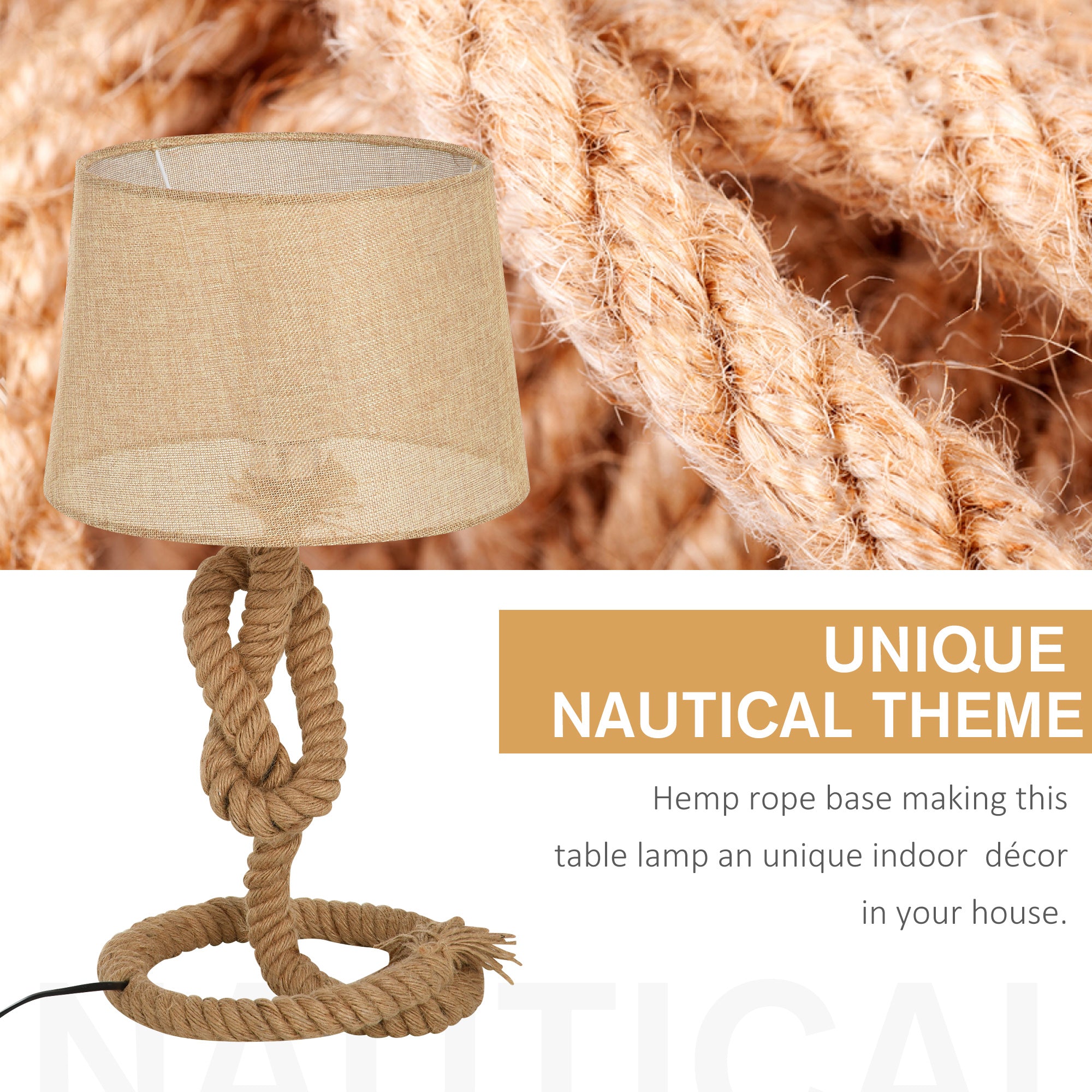HOMCOM Nautical Style Table Lamp with Fabric Lampshade Metal Frame Power Switch, 48cm Home Desk Lamp Bedroom Living Room Study E27 Base, Beige