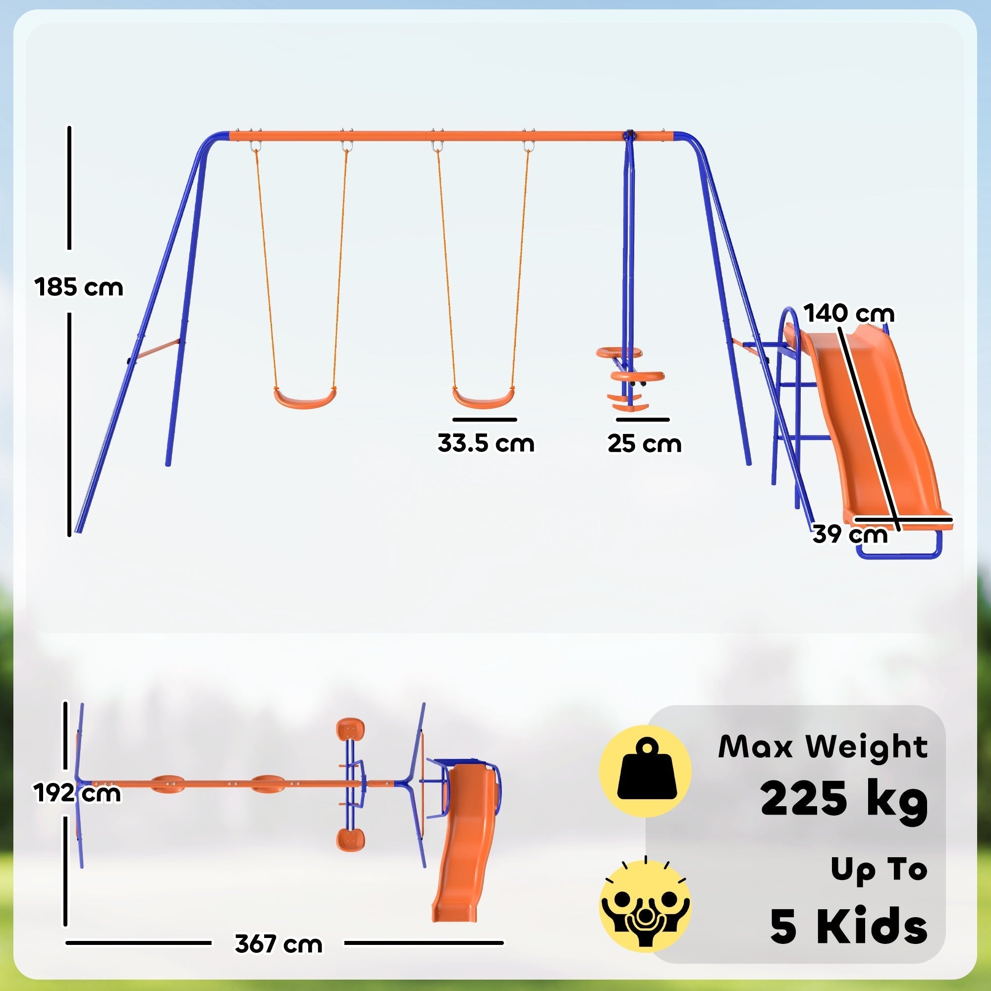 Outsunny Four-In-One Metal Garden Swing Set, with Double Swings, Glider, Slider, Ladder - Orange and Blue