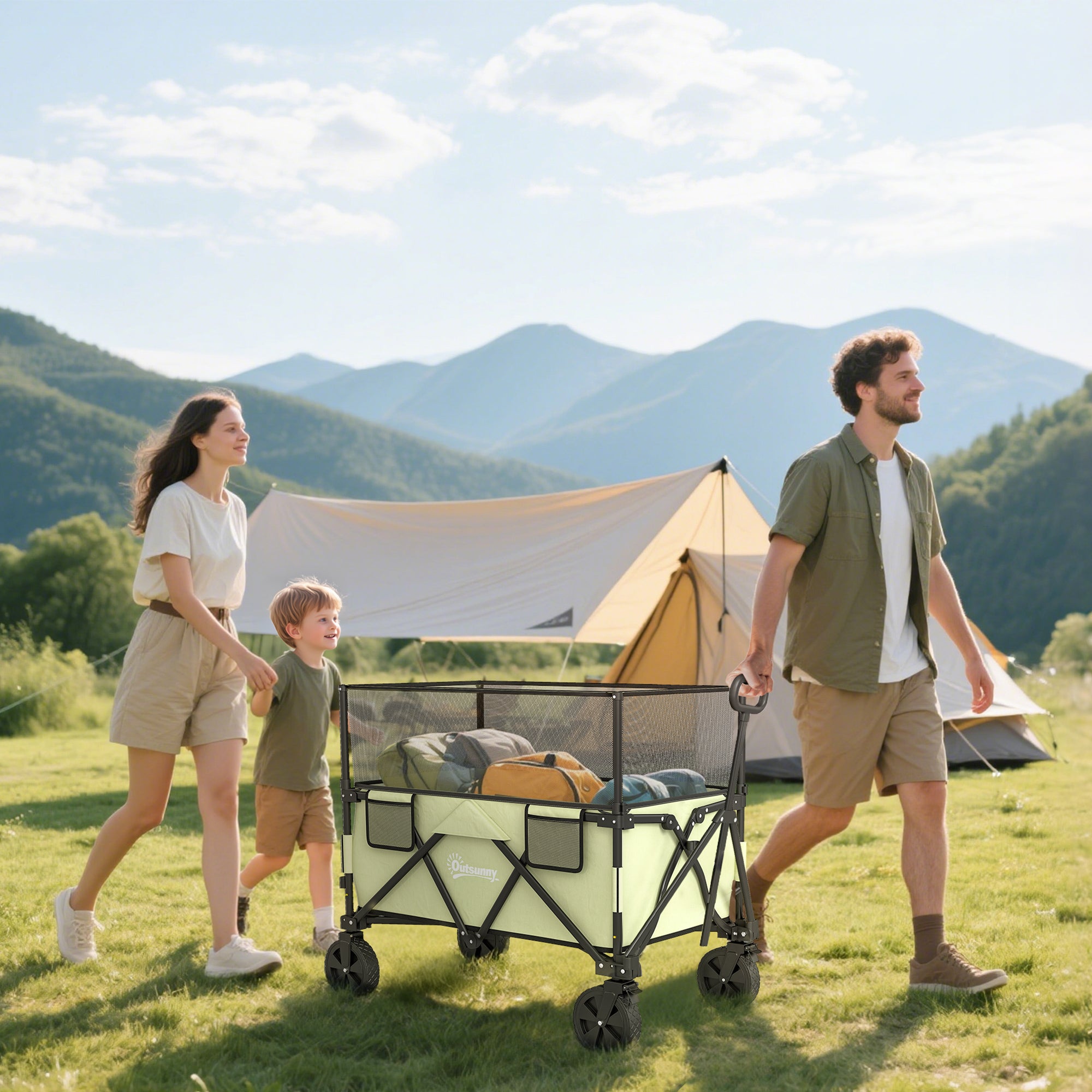 Outsunny Folding Garden Trolley, 180L Wagon Cart with Extendable Side Walls, for Beach, Camping, Festival, Green
