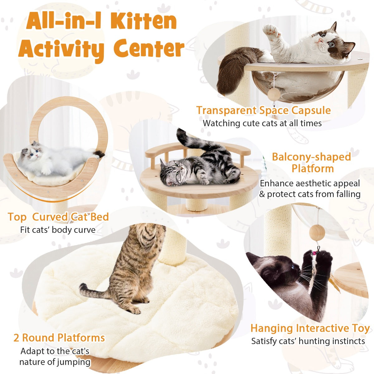 4-in-1 Large Wooden Cat Tower with Space Capsule Nest and Sisal Scratching Posts
