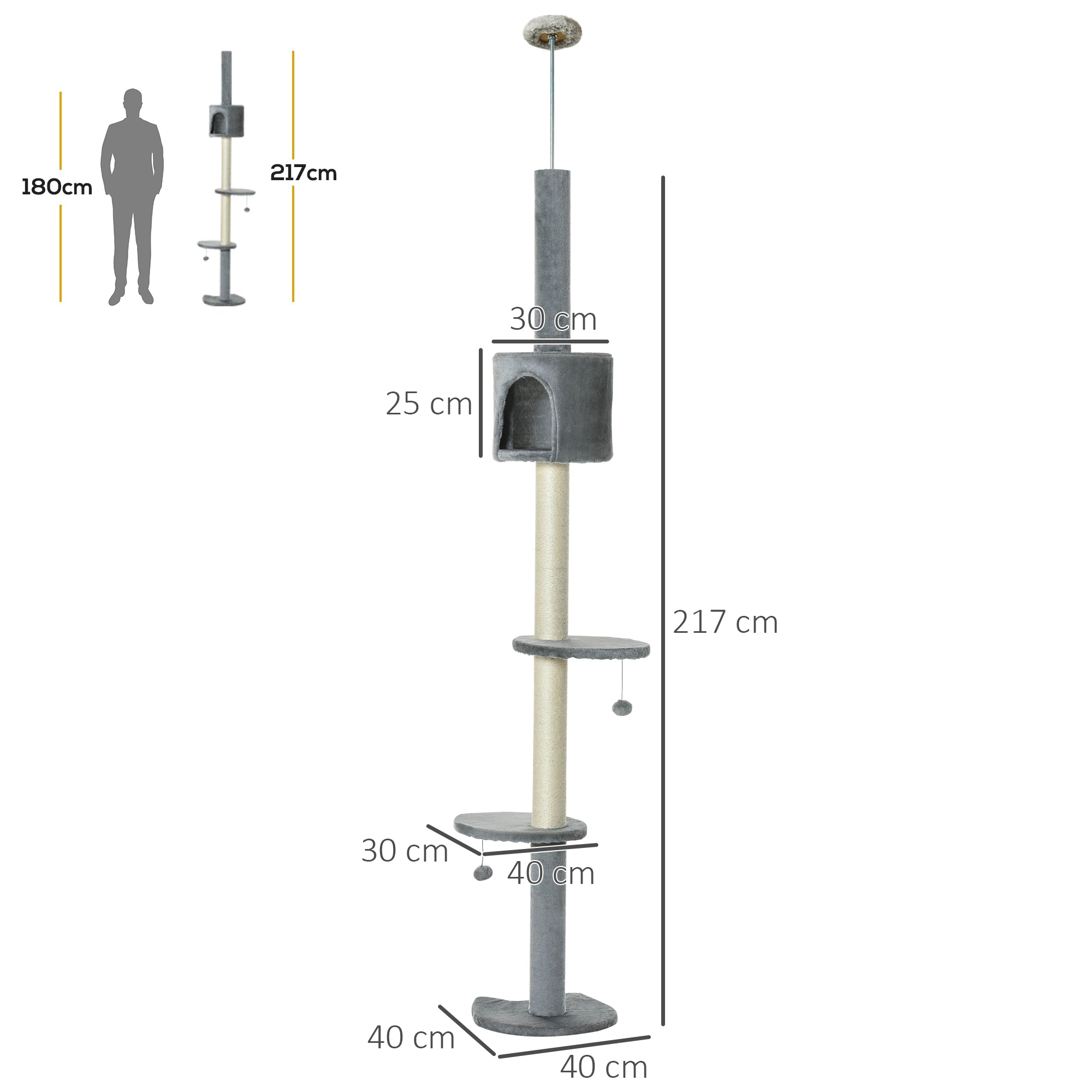PawHut Floor to Ceiling Cat Tree for Indoor Cats, Kitten Tower, Condo, Multi-Layer Activity Center, Indoor Pet Play House with Solid Scratching Post Hanging Balls, Light Grey