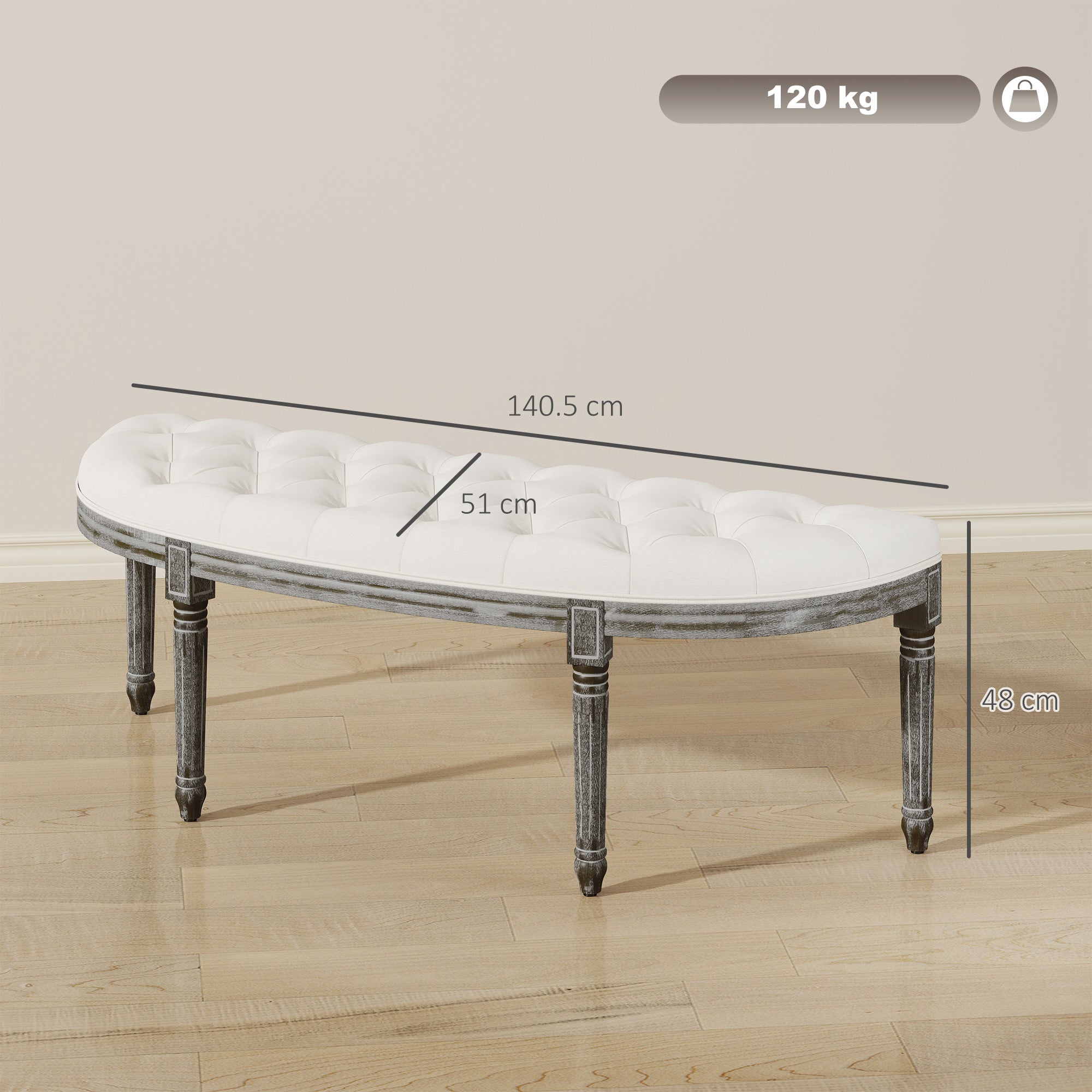 HOMCOM Half-Circle End Bench Ottoman Footstool Tufting Padded Seat Brushed Wood Base Antique Accents Home Seat Furniture Cream White and Light Wood Grain Leg