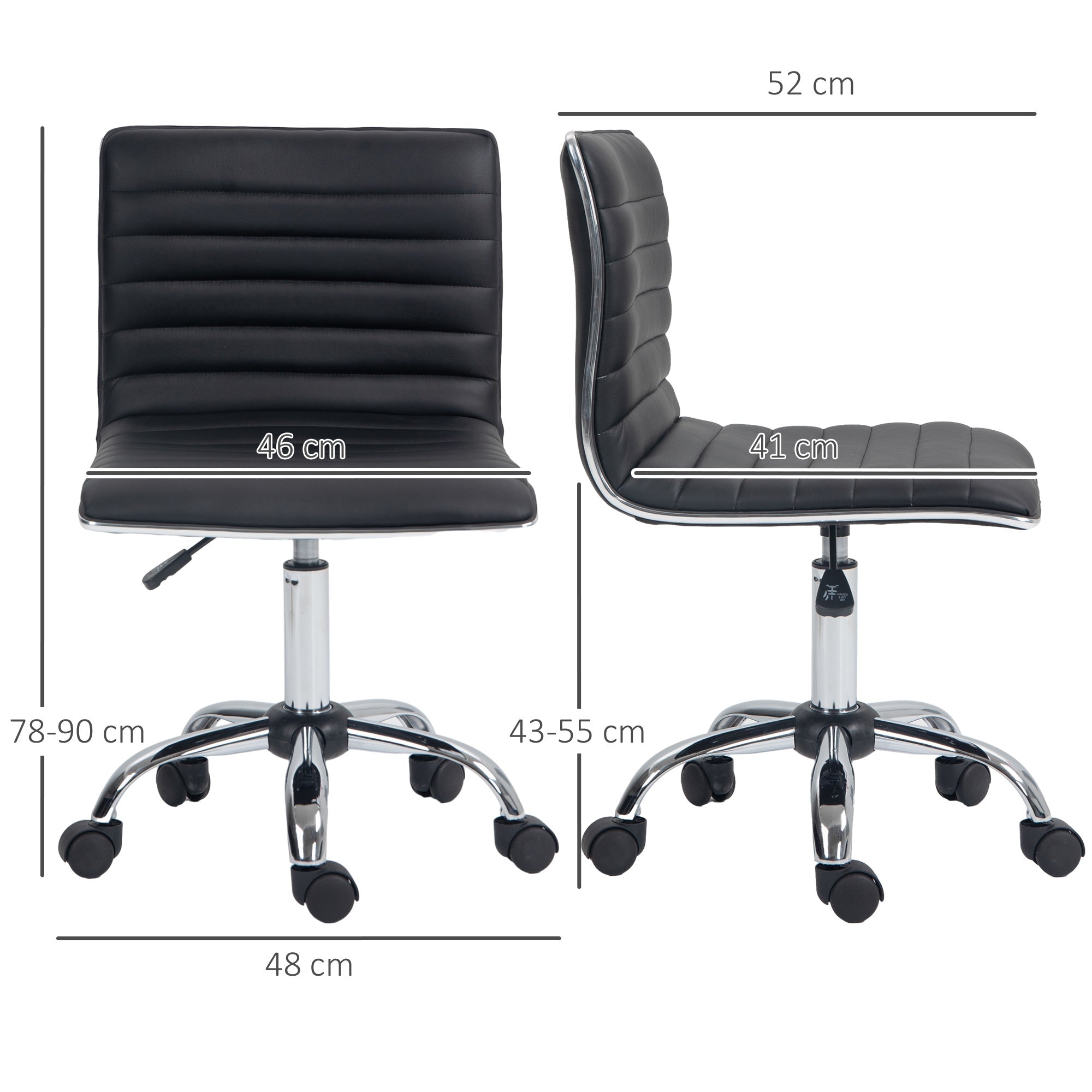HOMCOM Armless Task Desk Chair, Swivel Office Chair with Faux Leather, Adjustable Seat Height, Chrome Base, Wheels for Home, Black