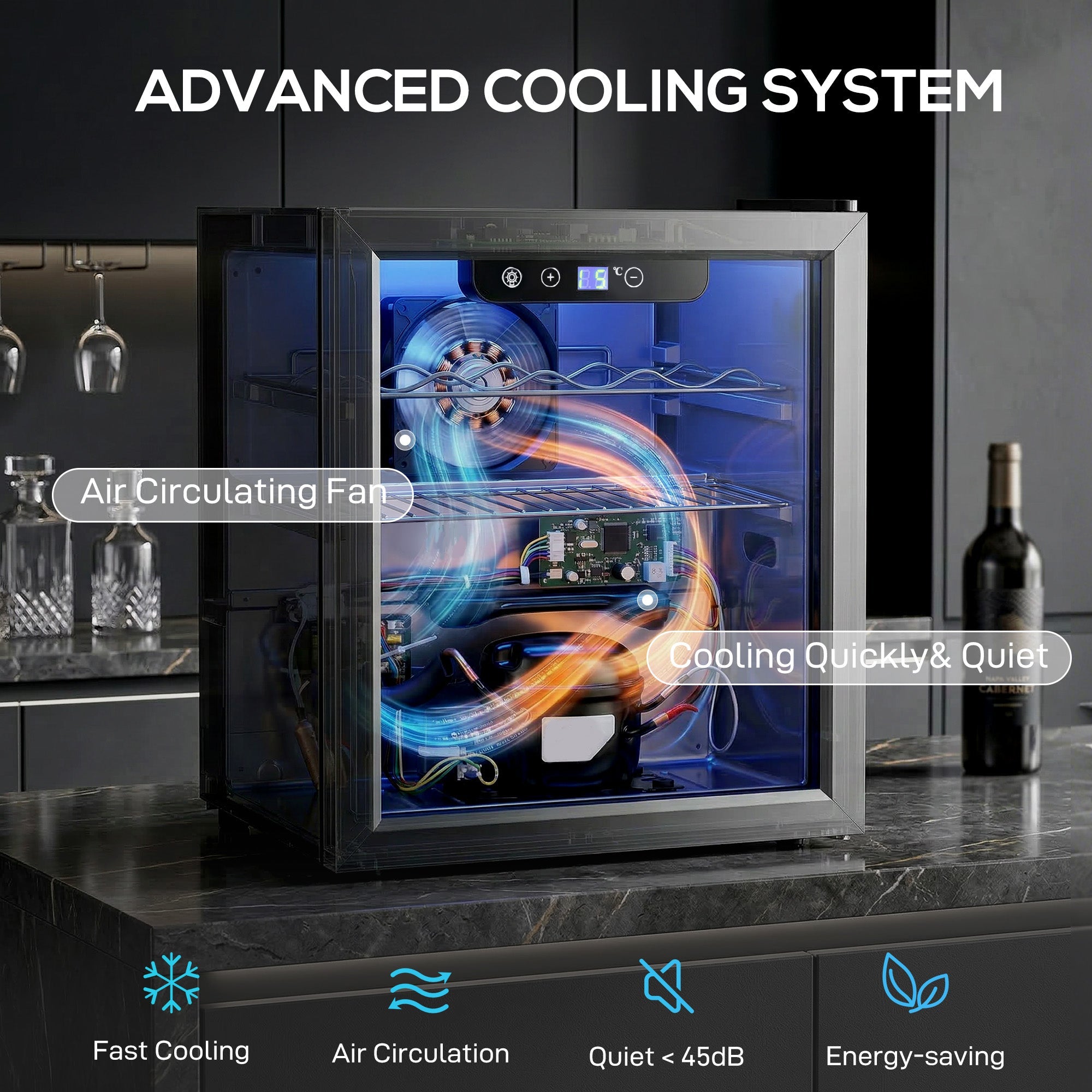 HOMCOM 12 Bottle Wine Cooler, 36 Litre Capacity, 4-16Â°C Under Counter Drinks Beer Wine Fridge with Glass Door, LED Light, Black