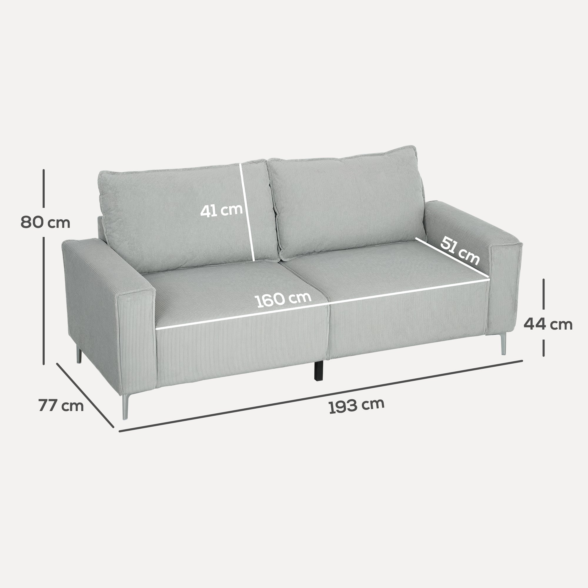 HOMCOM Three-Seater Corduroy - Light Grey