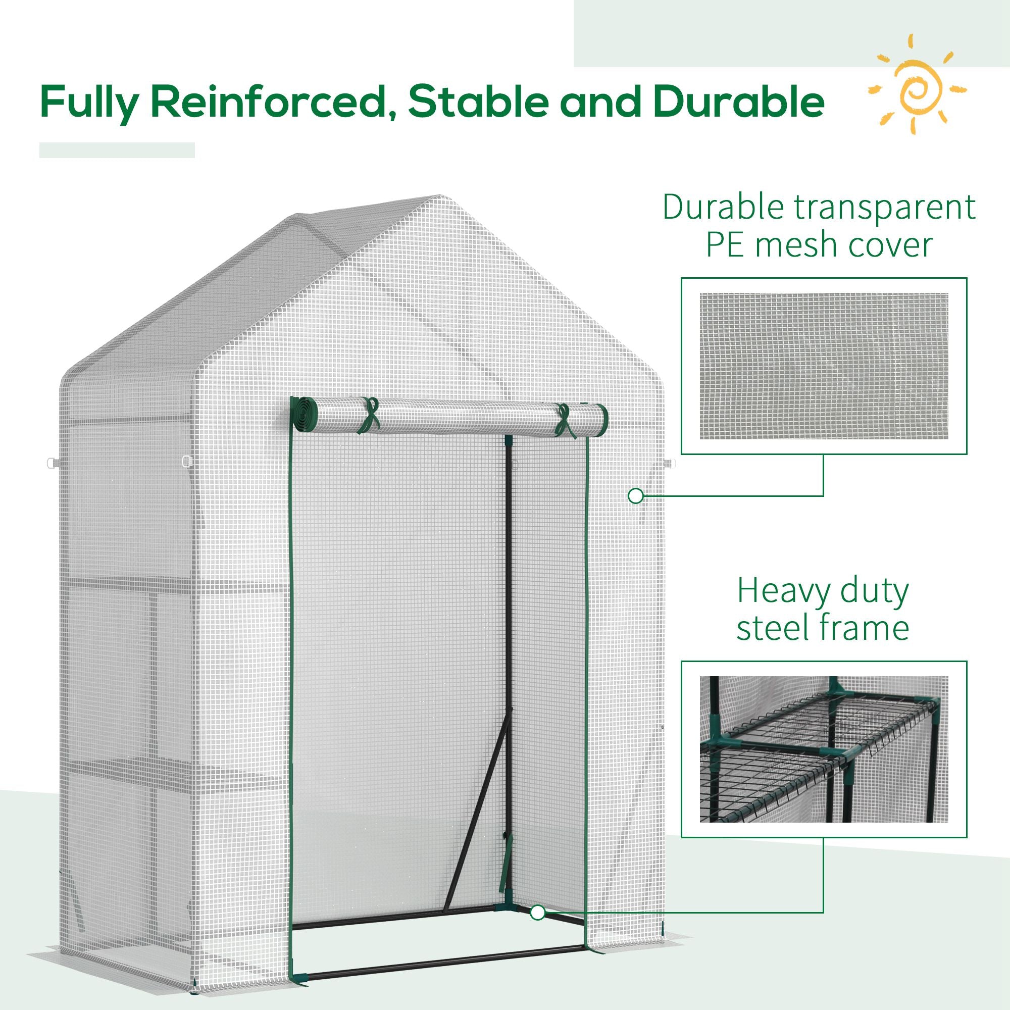 Outsunny Walk In Greenhouse with 2 Tier Shelf, Portable Gardening Plant Grow House Tomato Greenhouse with Roll up Zip Panel Door, Reinforced PE Cover, 143 x 73 x 195cm, Green