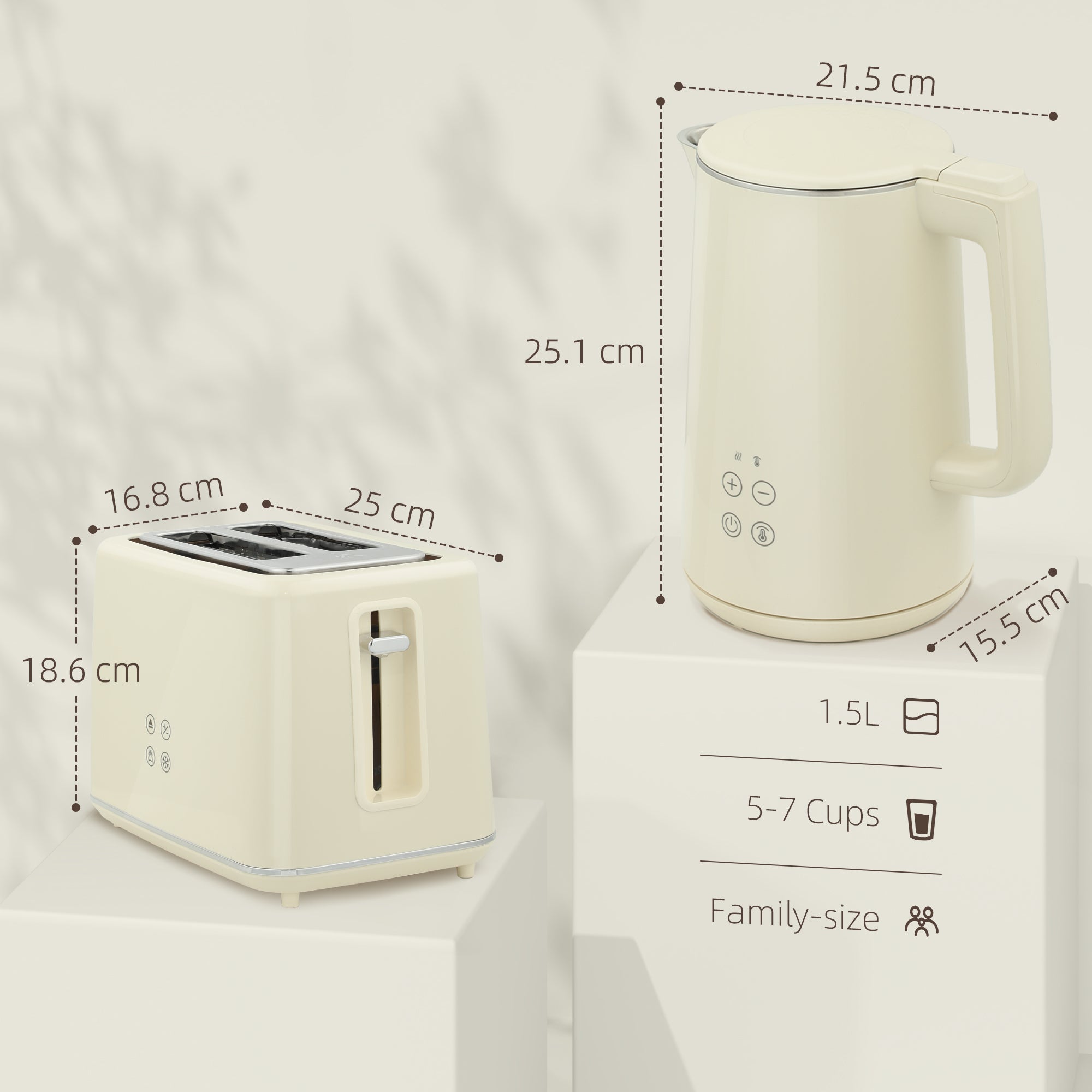 HOMCOM Digital Stainless Steel Kettle and Toaster Set, 1.5L 3000W Fast Boil Kettle, 2 Slice Toaster with 7 Level Browning Controls, Defrost, Reheat, Keep Warm, Crumb Tray and LED Touch Display, Beige