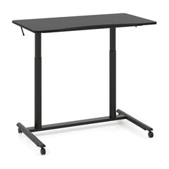 C-Shaped Mobile Standing Desk in black with adjustable legs and small wheels on a white background