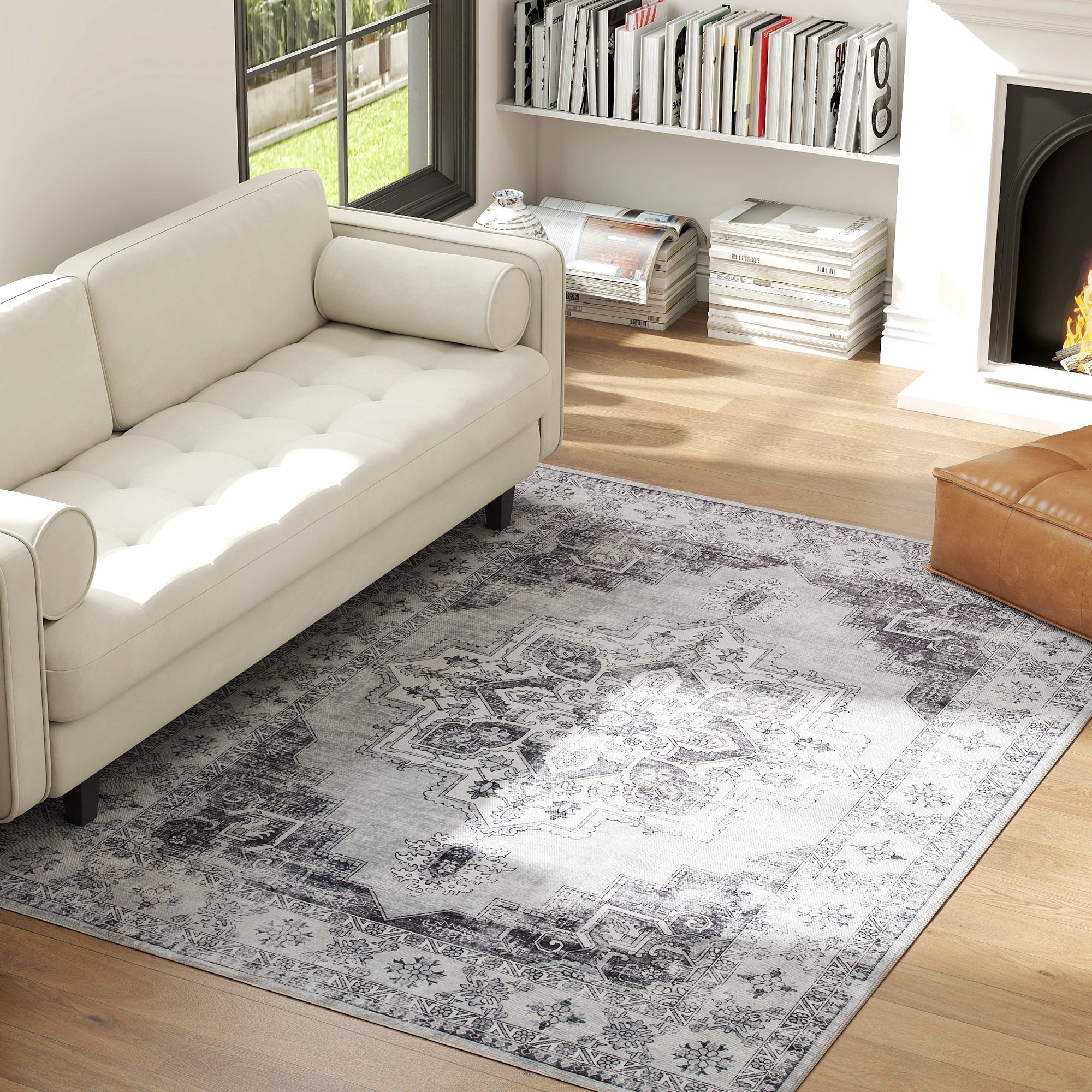 HOMCOM Vintage Area Rug, Non-Slip Washable Rug, Flannel Floor Carpet for Living Room, Bedroom, Dining Room, Home Office, 230 x 160 cm, Grey