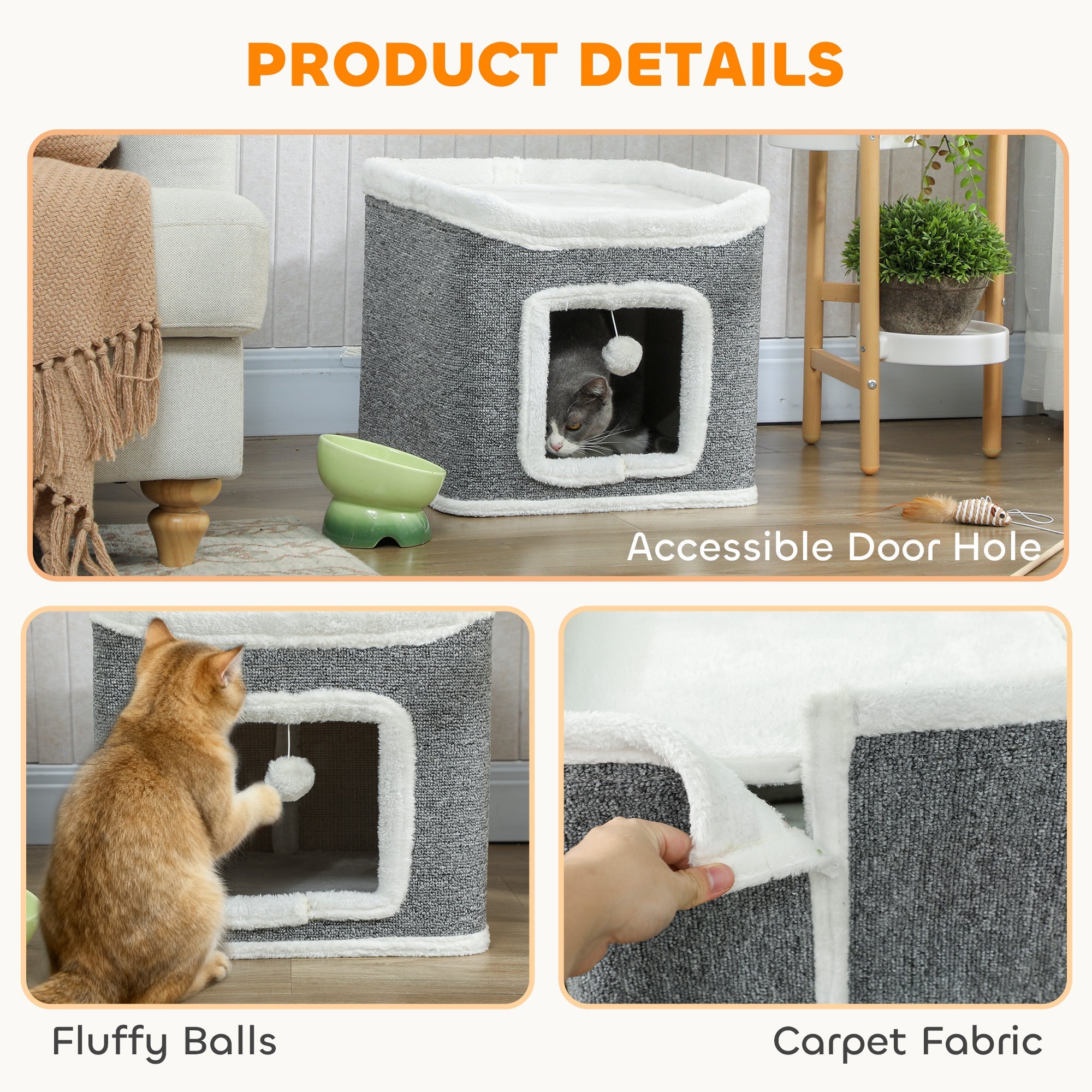 PawHut Cat House for Indoor Kittens, 2-Level Cat Cave Bed with Fluffy Balls, Top Bed, Kitten Barrel for Multi Kitties, Grey