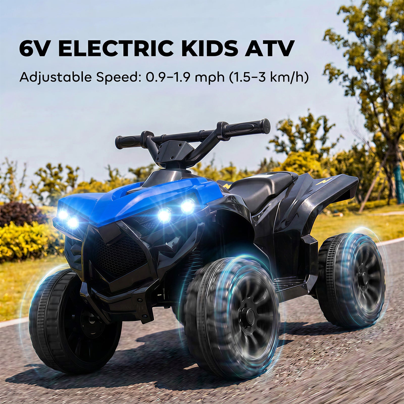 AIYAPLAY 6V Kids ATV, 4 Wheeler Electric Ride on Car with Music and LED Headlights, for Ages 18-56 Months Boys and Girls, Blue
