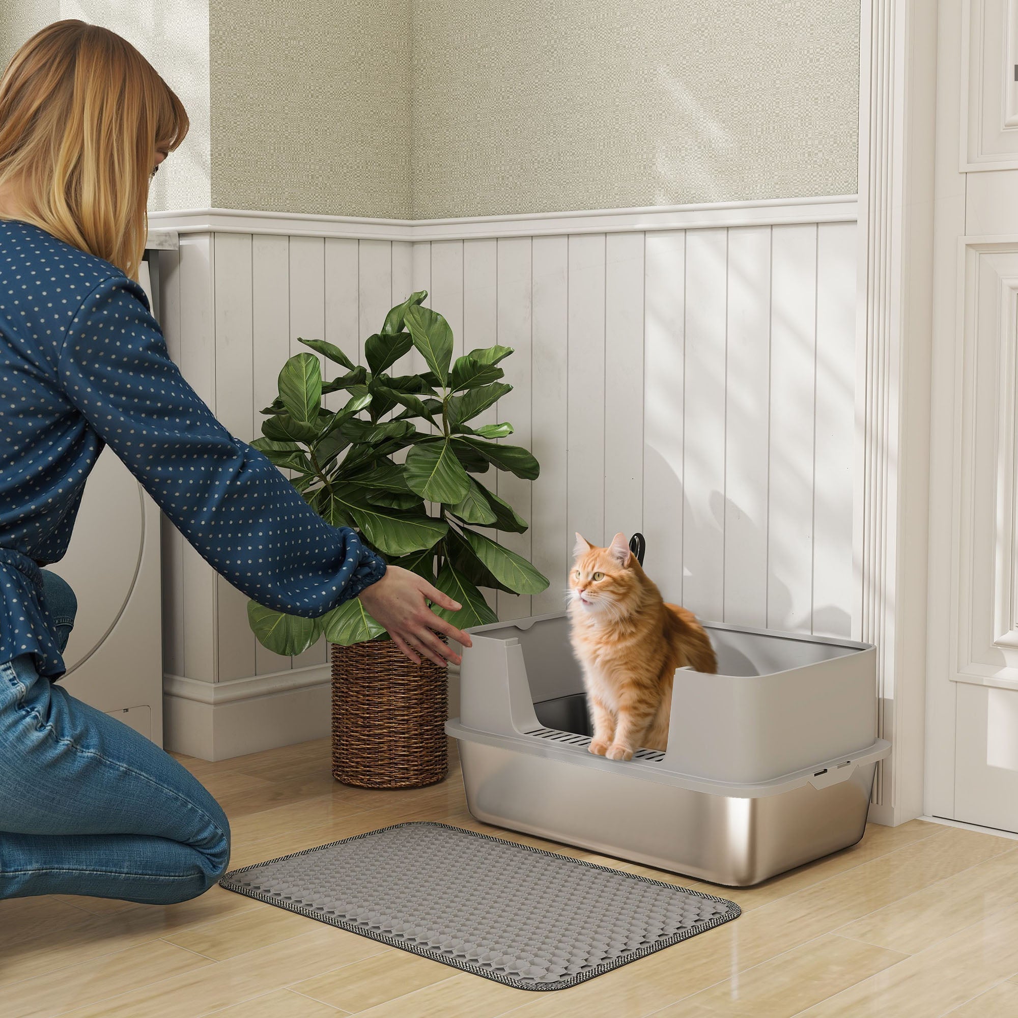 PawHut High Sided Stainless Steel Litter Box, Metal Cat Litter Tray with Metal Scoop, Litter Mat, Never Absorbs Odors, Grey