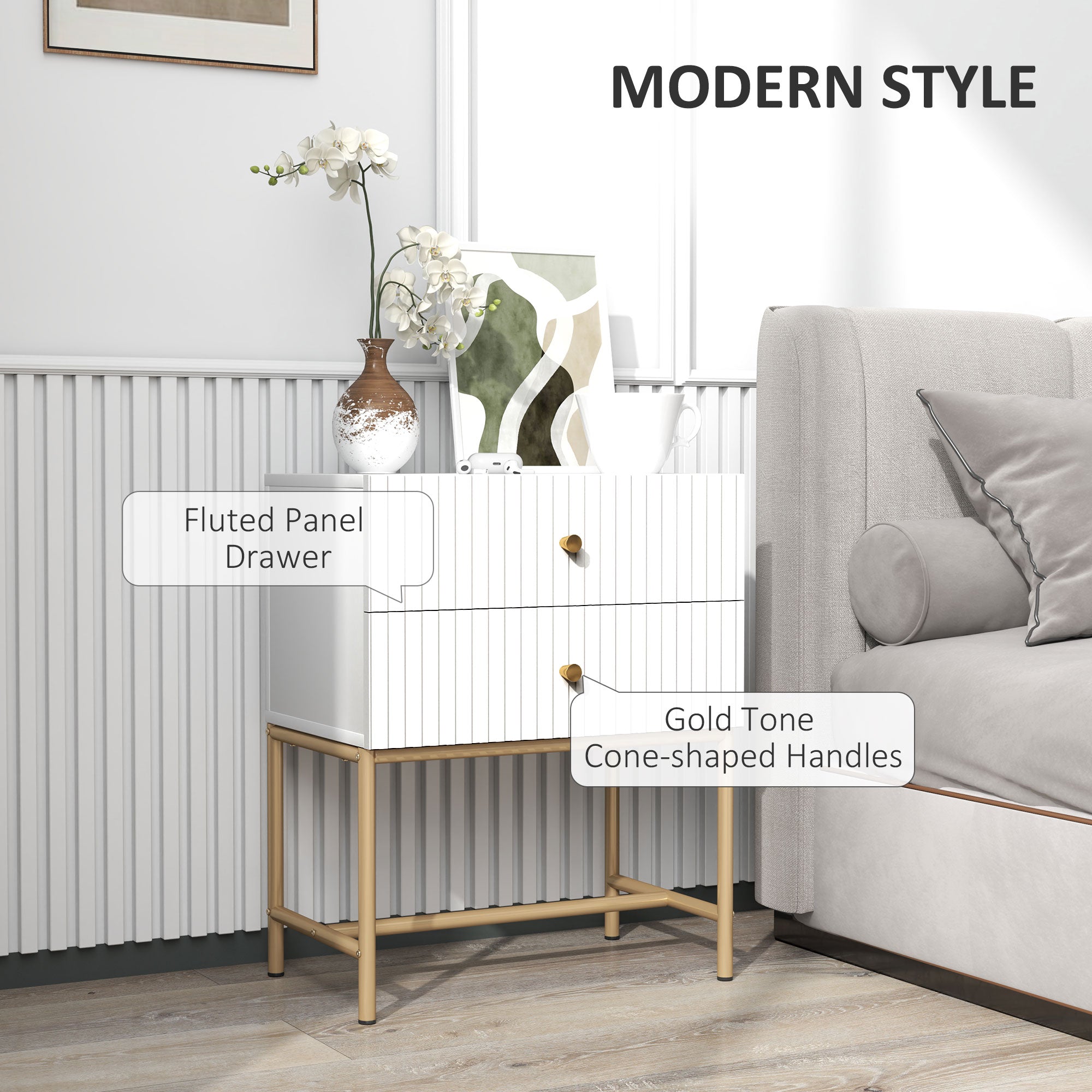 HOMCOM Elegant Two-Drawer Bedside Table - White