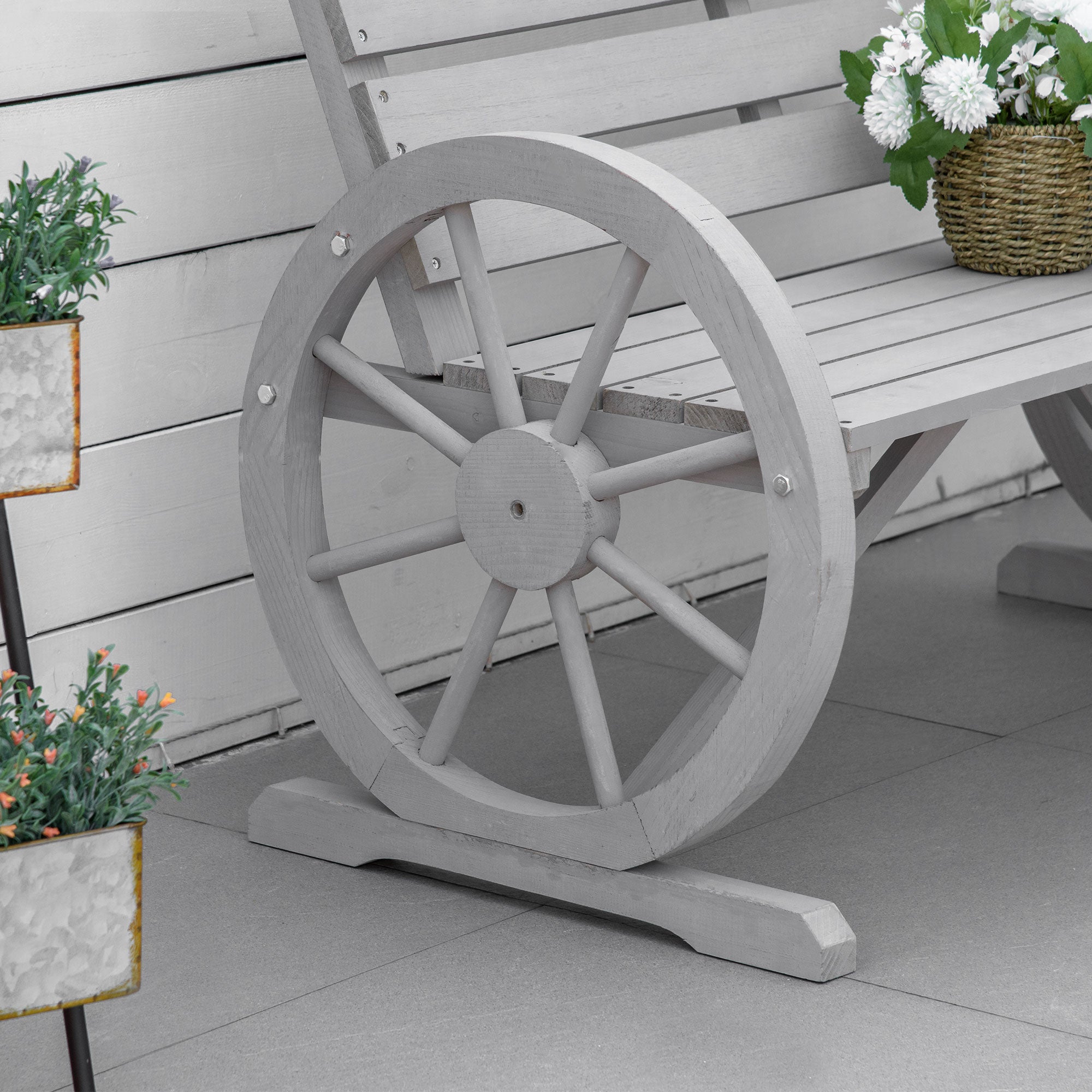 Outsunny Wooden Cart Wagon Wheel 2 Seater Garden Bench Outdoor Garden Armrest Chair Rustic High Back Loveseat Grey