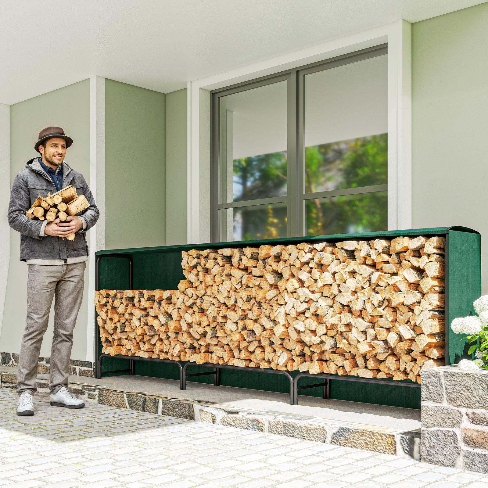 Outsunny Firewood Rack with Waterproof Cover, Heavy Duty Metal Log Store Indoors, Log Storage Holder for Outdoor Indoor Fireplace, 300 x 36 x 99 cm, Dark Green
