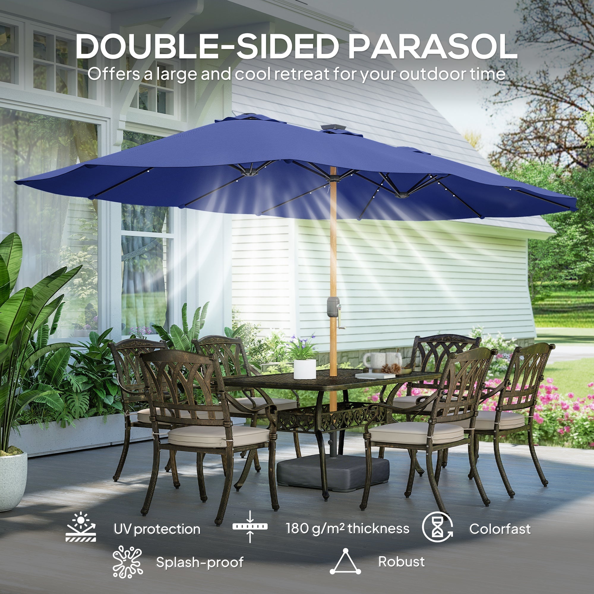 Outsunny Double Sided Garden Parasol with Base Included & 48 Solar LED Lights Patio Umbrella Crank Handle 4.6m Dark Blue