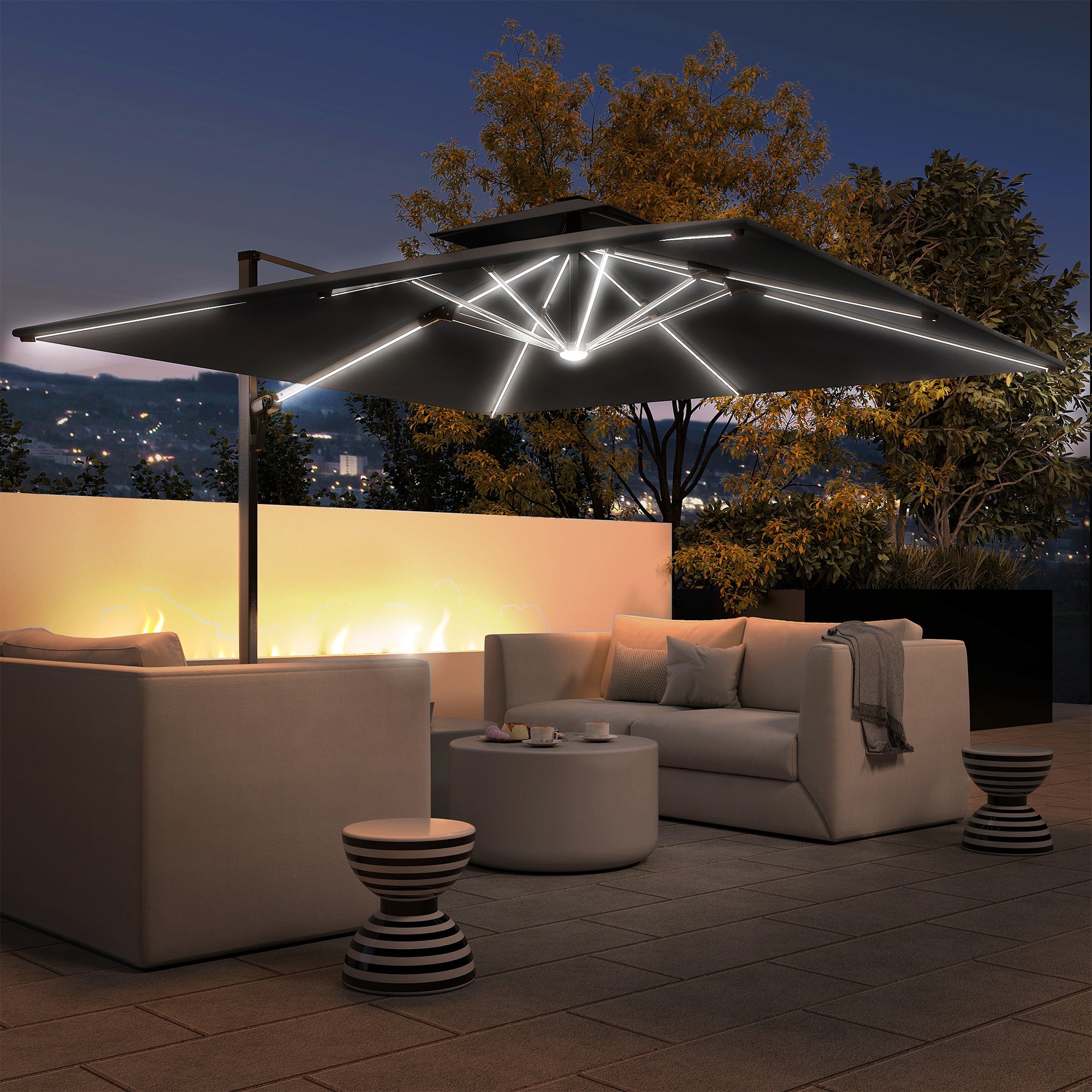 Outsunny 3(m) Garden Cantilever Parasol with Solar LED Lights, Cross Base, 360√Ç¬∞ Rotation, Crank Handle and Tilt, Grey