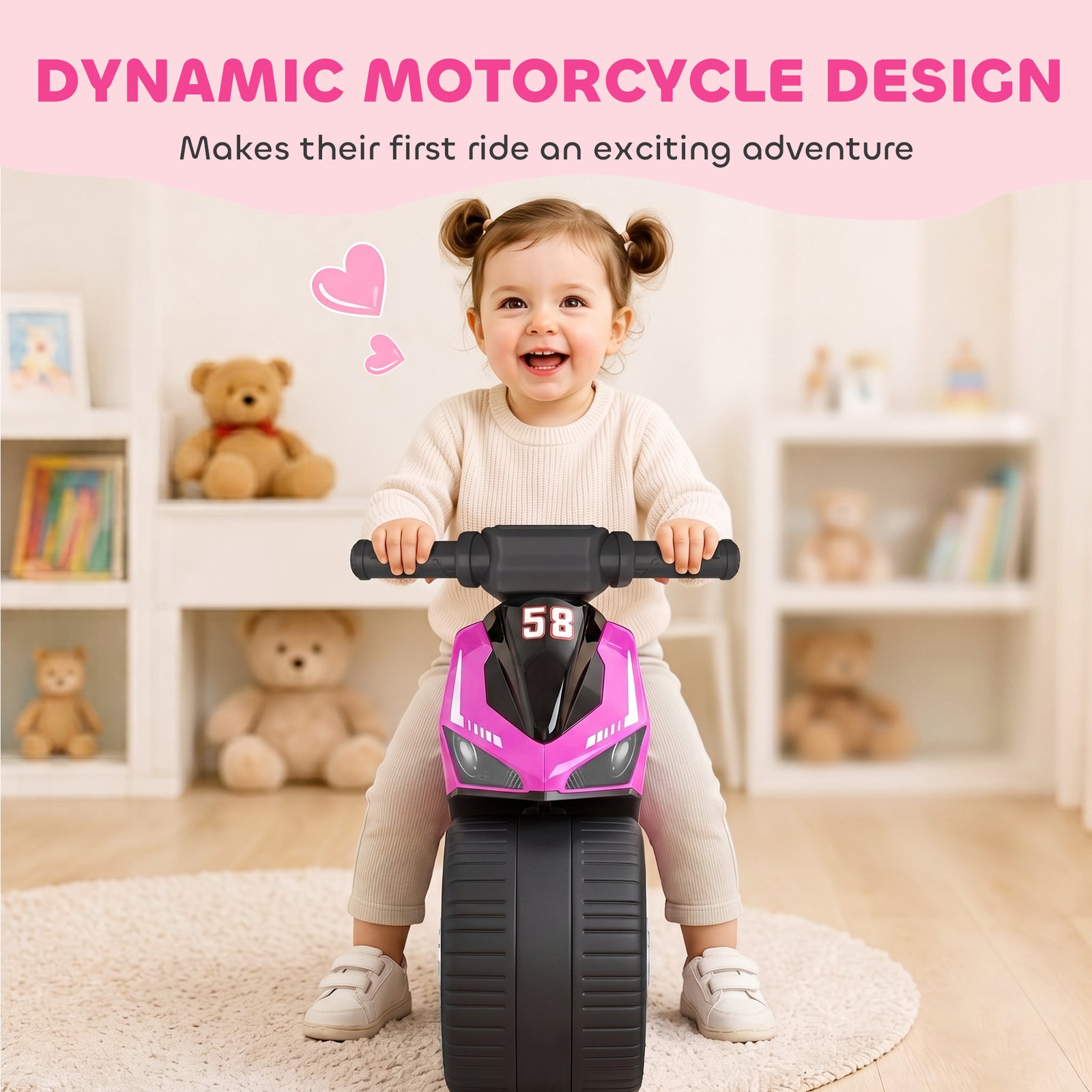 AIYAPLAY Balance Bike with Music Extra-Wide Wheels Toddler Bike for Boys Girls Pink