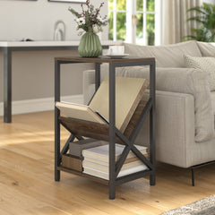 HOMCOM Narrow Side Table, End Table with 3-Tier Storage, V-Shaped Magazine Holder for Living Room, Bedroom, 40 x 30 x 61cm, Oak