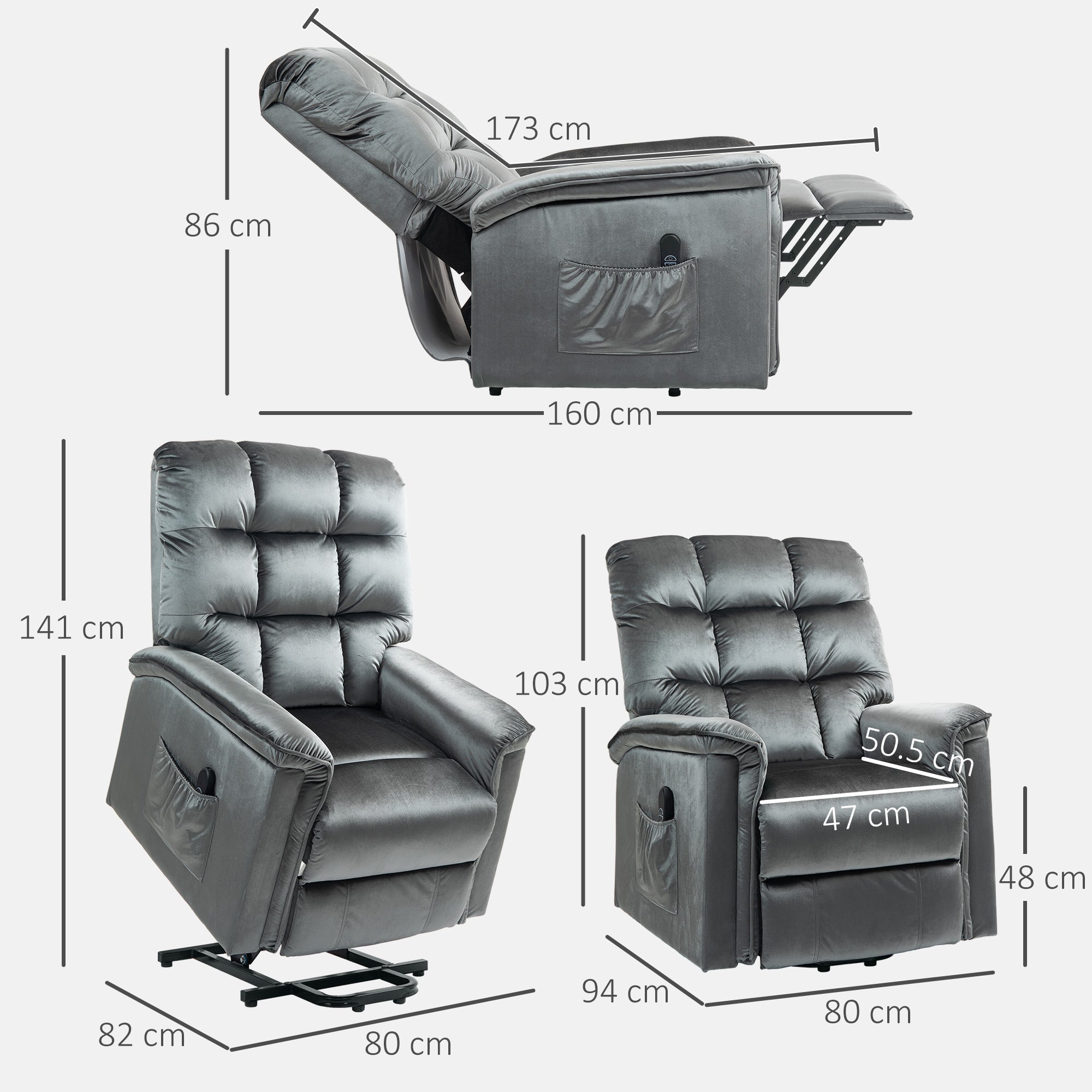 HOMCOM Velvet-Feel Electric Lift Recliner Chair - Dark Grey