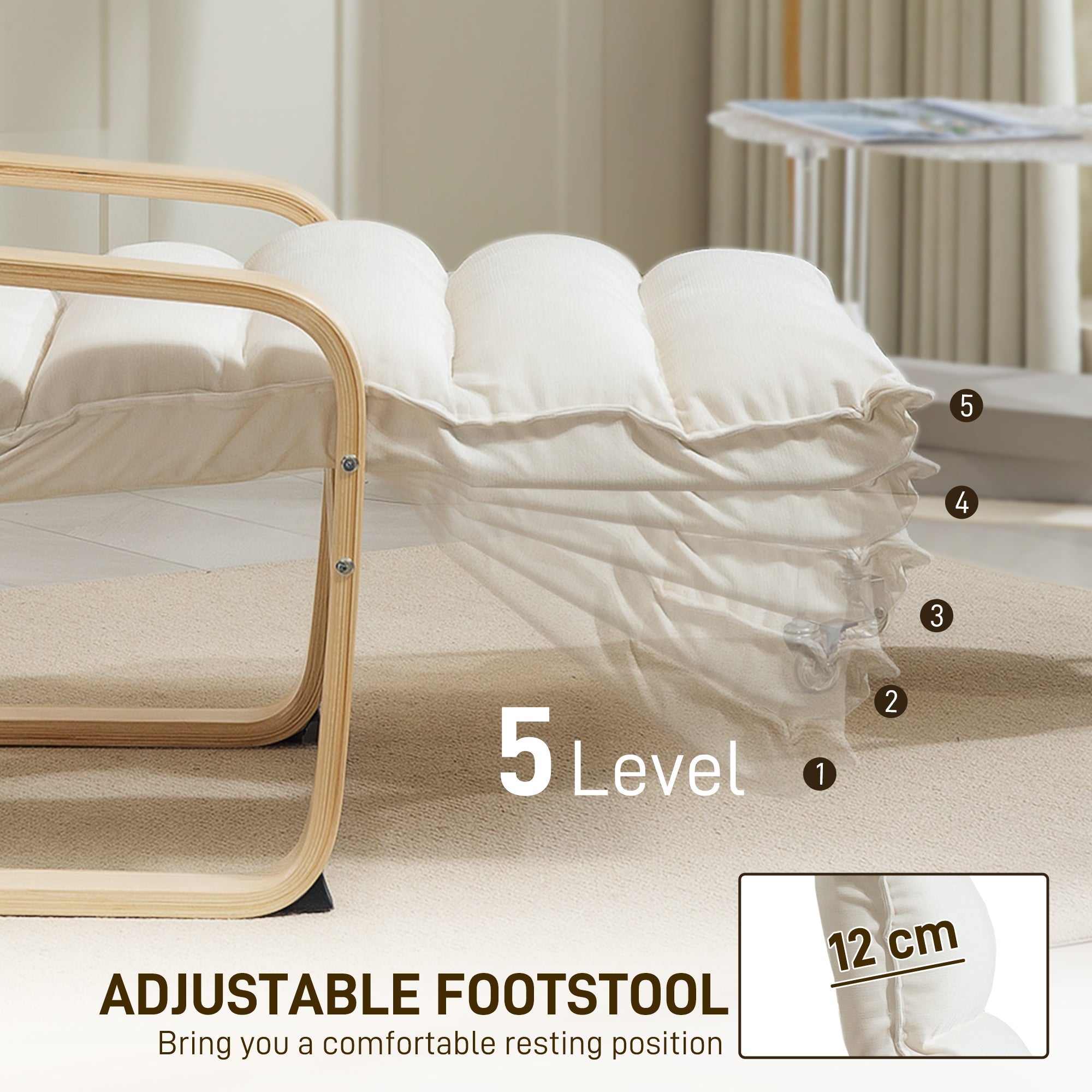 HOMCOM Curved Wooden Accent Chair, with Adjustable Footrest - Cream White