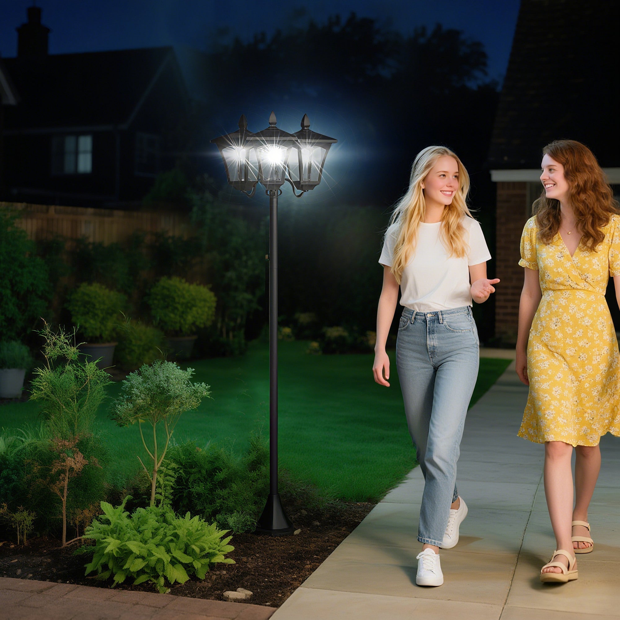 Outsunny 1.8m Traditional Victorian Style 3 Way Head Outdoor Garden Solar Post Lamp Sensor Dimmable LED Lantern Bollard Pathway IP44 √¢‚Ç¨‚Äú Black
