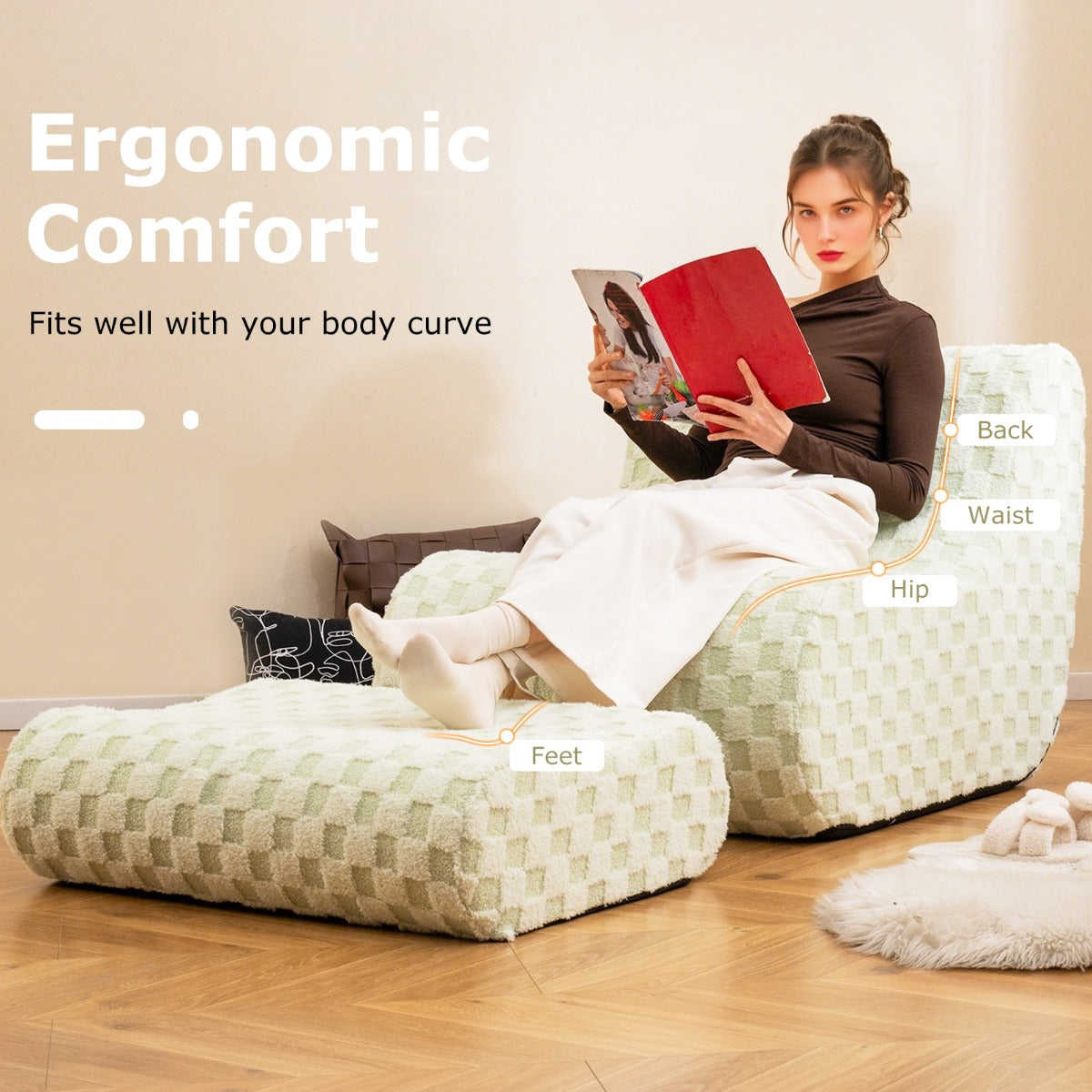 Bean Bag Chair with Ottoman Accent Lazy Sofa Chair Set-Green