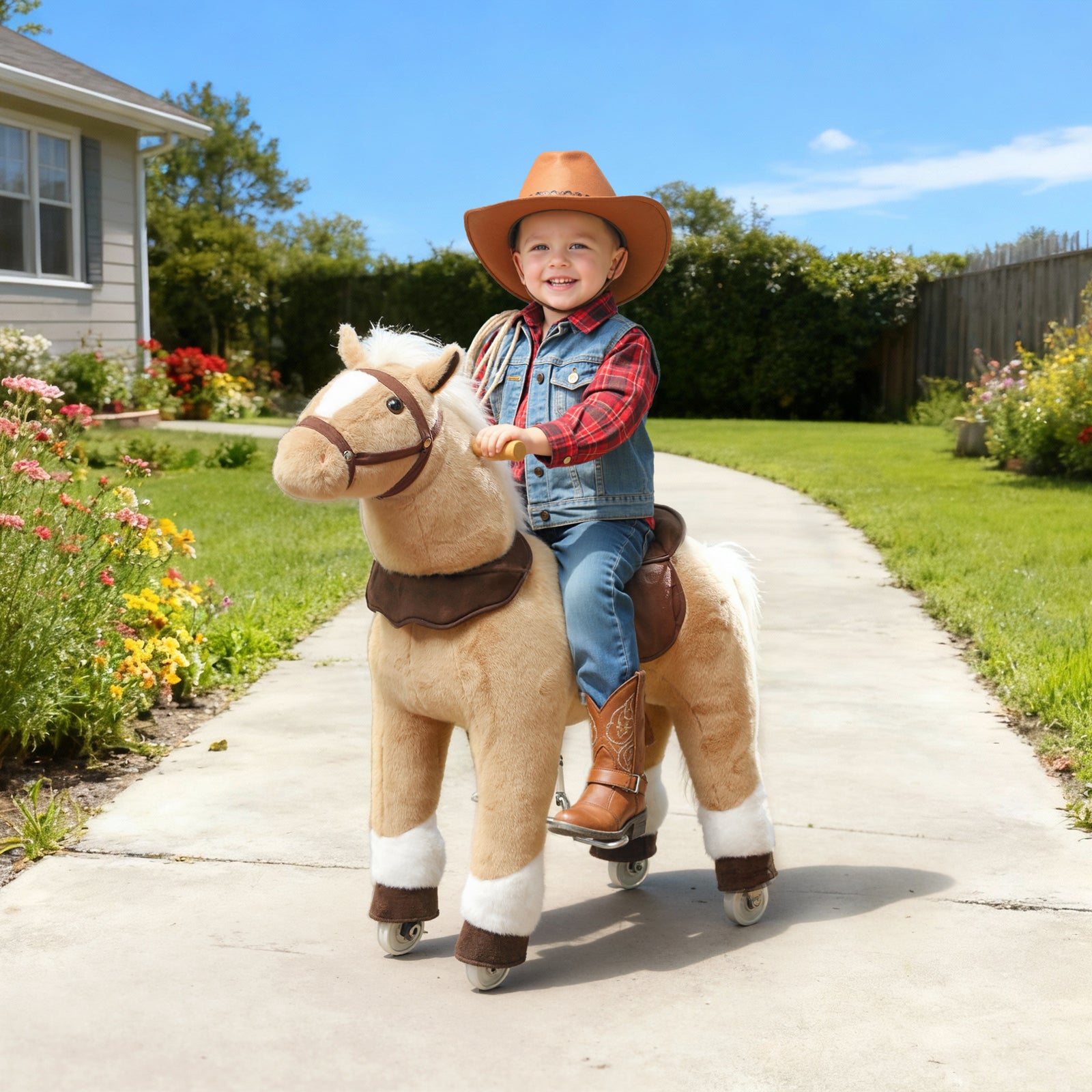 AIYAPLAY Rocking Horse, Plush Ride On Horse with Rolling Wheels & Saddle, Ride On Pony Toy for Kids 3-5 Years, Up to 25kg, Brown