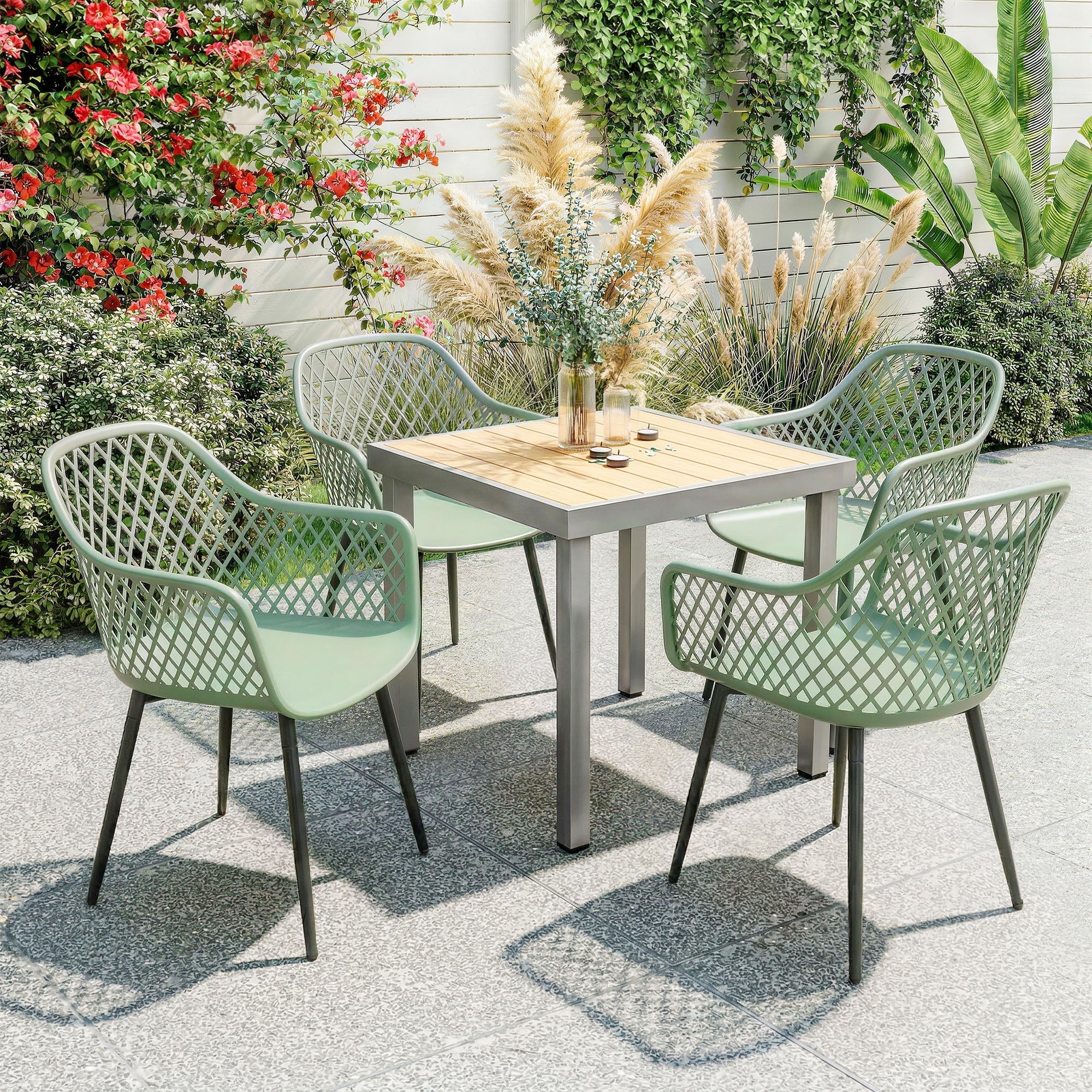 Outsunny Garden Chairs Set of 4, Garden Dining Chairs with Cut Out Diamond Back and Armrests for Patio, Balcony, Terrace, Green
