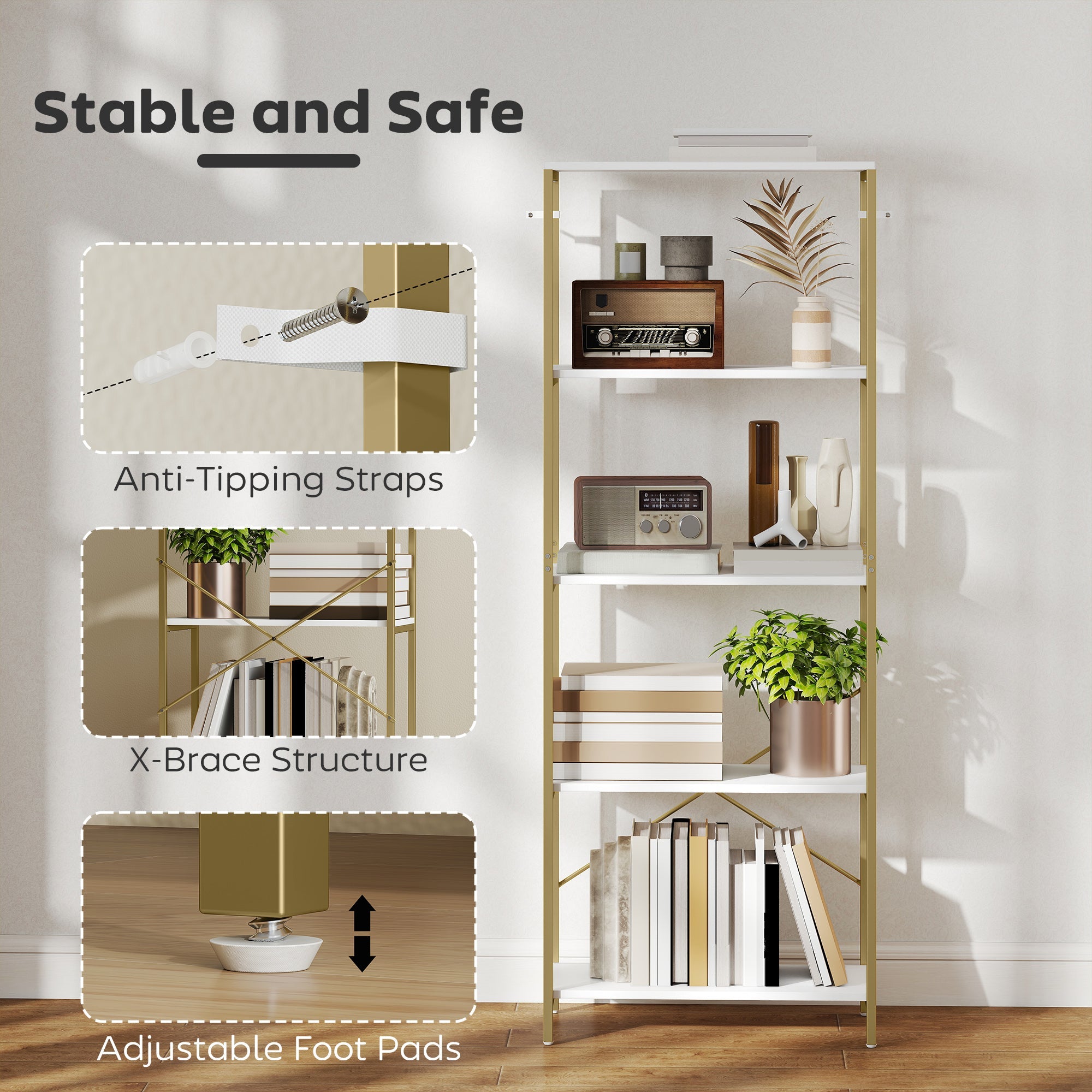 HOMCOM 5-Tier Bookshelf, Modern Bookcase with Metal Frame - White and Gold Tone