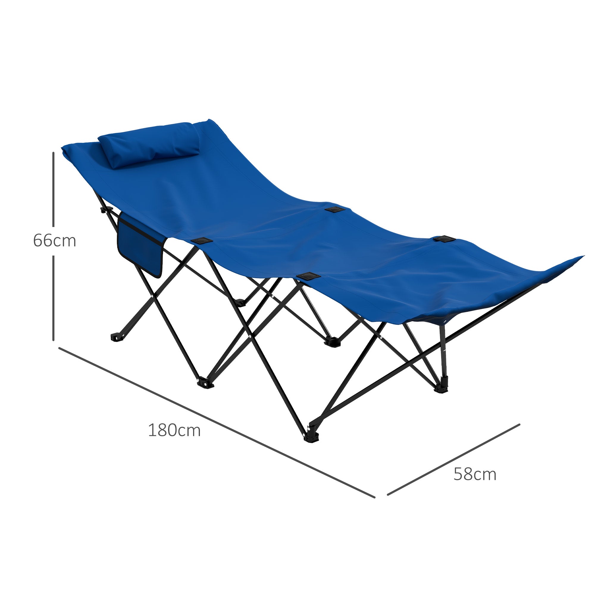 Outsunny Camping Bed for Adults, Single Folding Camp Bed, Portable Camping Cot with Side Pocket, Headrest and Oxford Seat for Outdoor, Travel, Fishing, Dark Blue